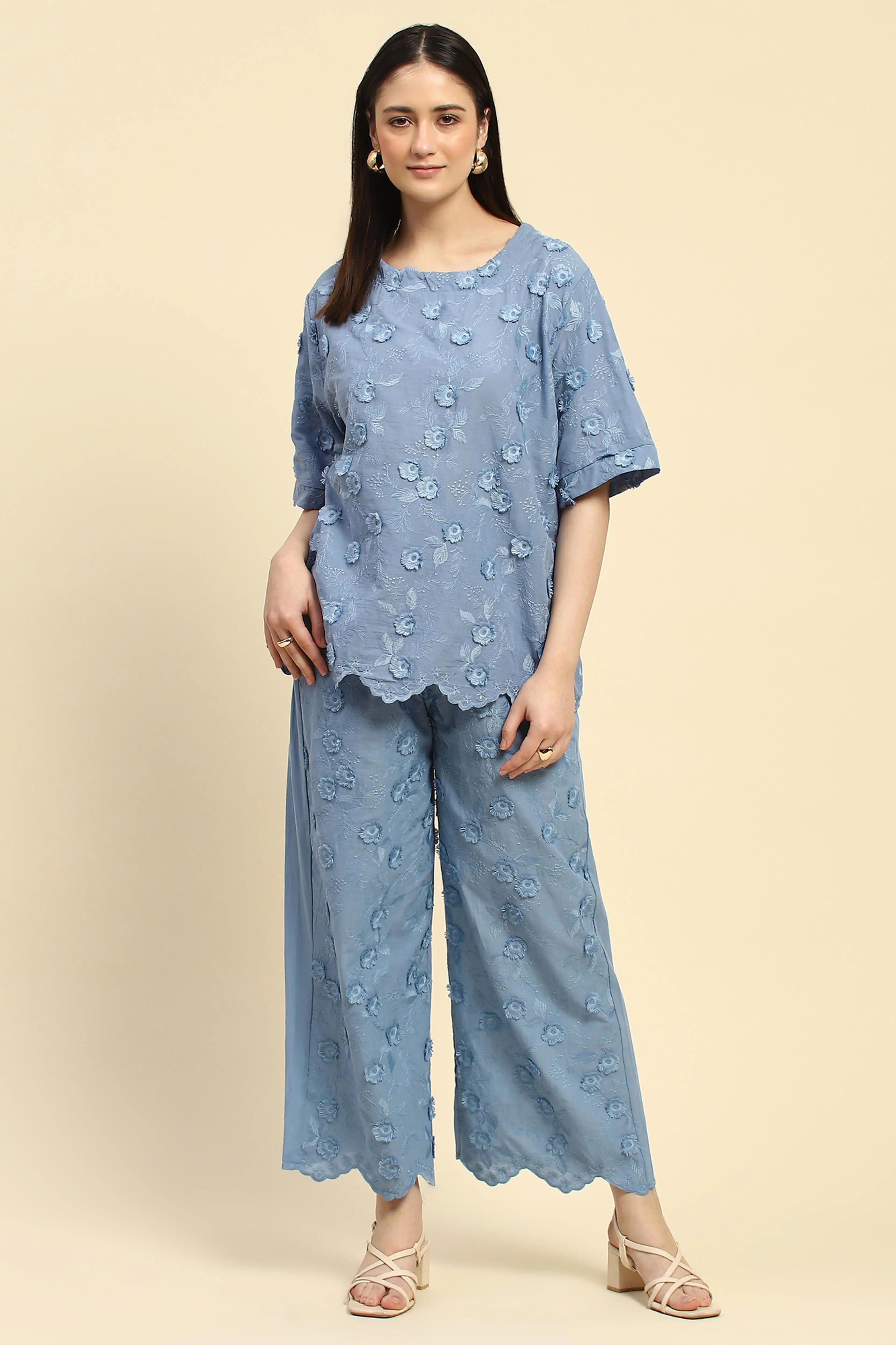 Blue Embroidered Cotton Nightsuit - Global Republic