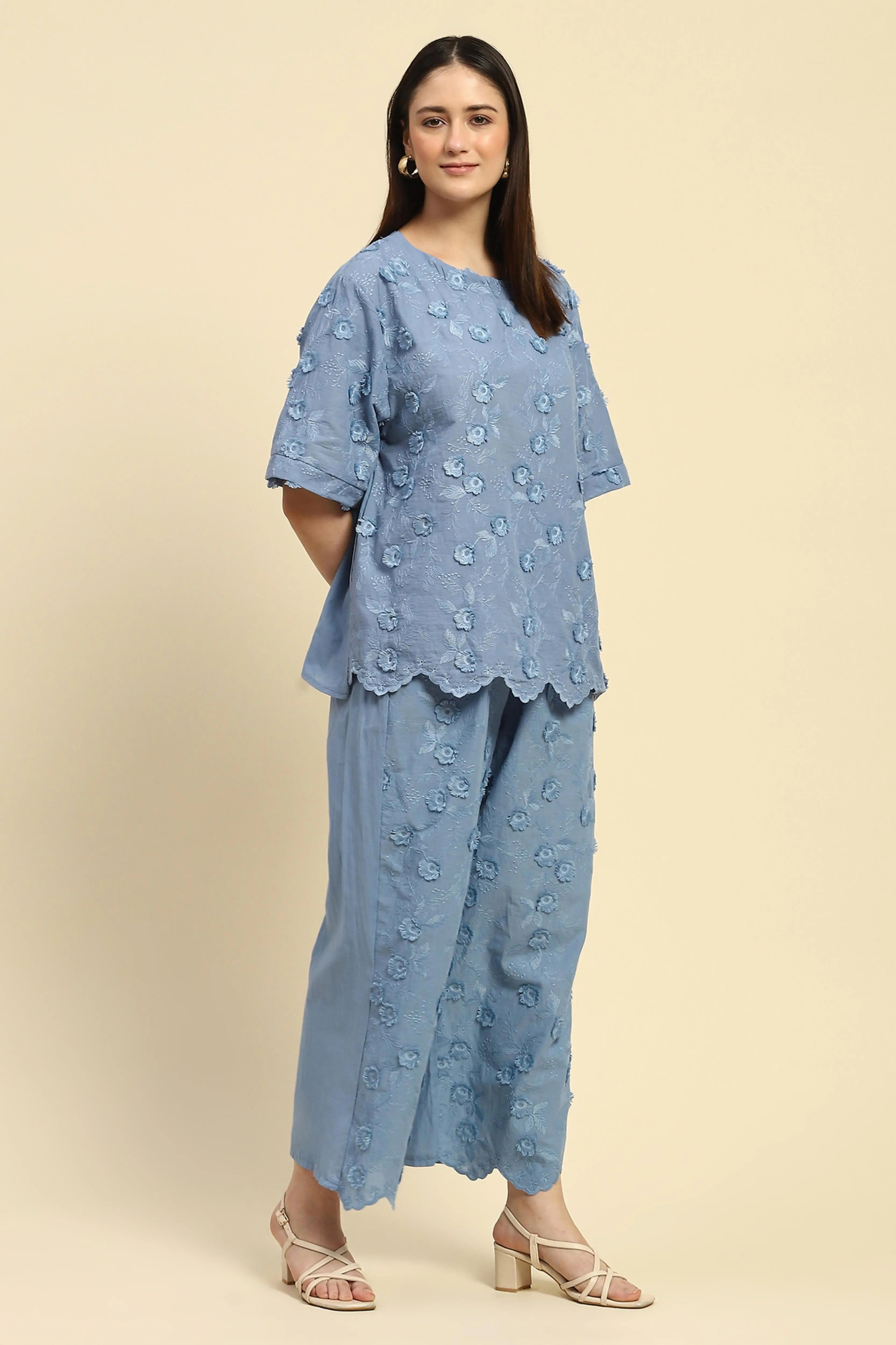 Blue Embroidered Cotton Nightsuit - Global Republic