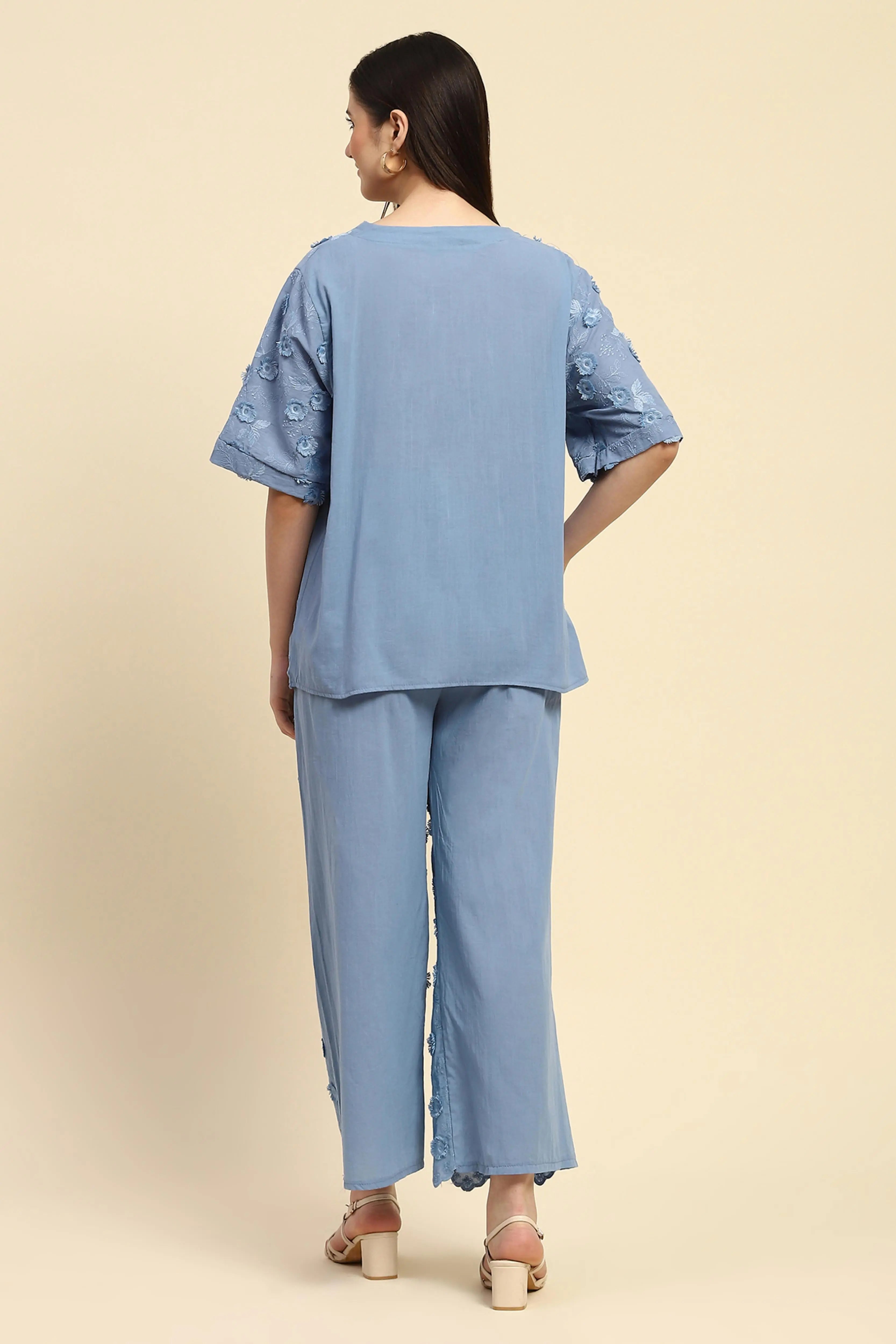 Blue Embroidered Cotton Nightsuit - Global Republic