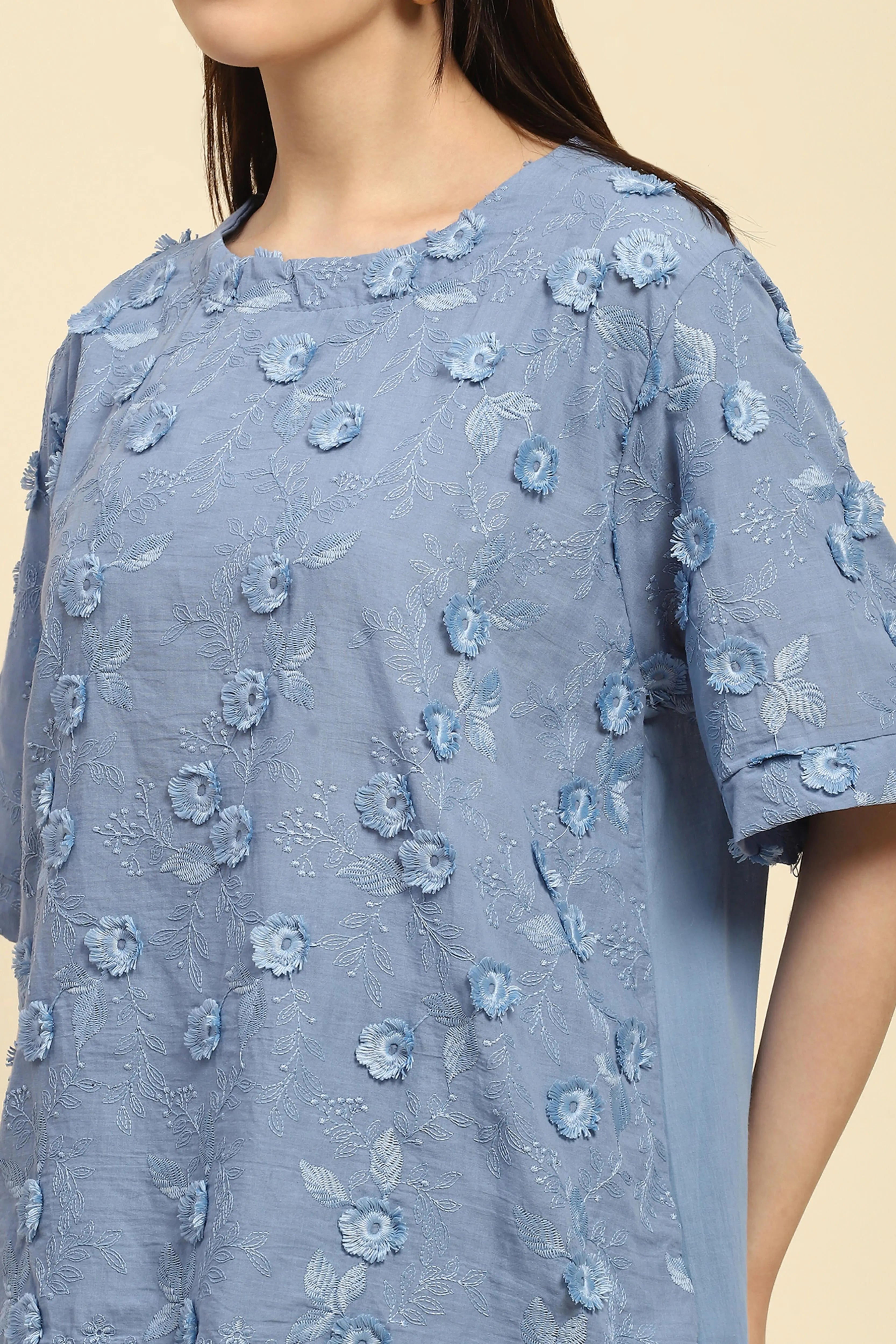 Blue Embroidered Cotton Nightsuit - Global Republic