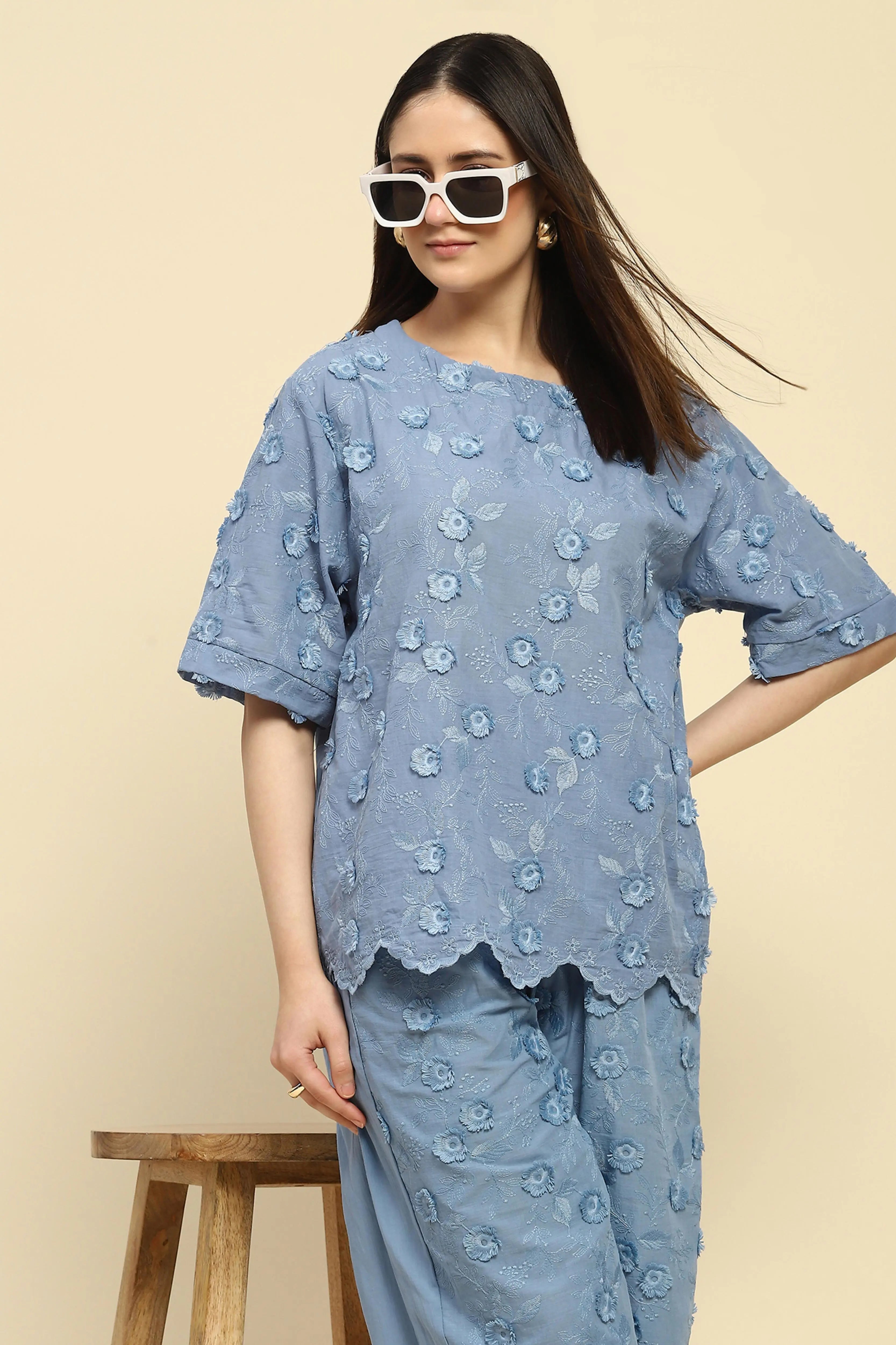 Blue Embroidered Cotton Nightsuit - Global Republic