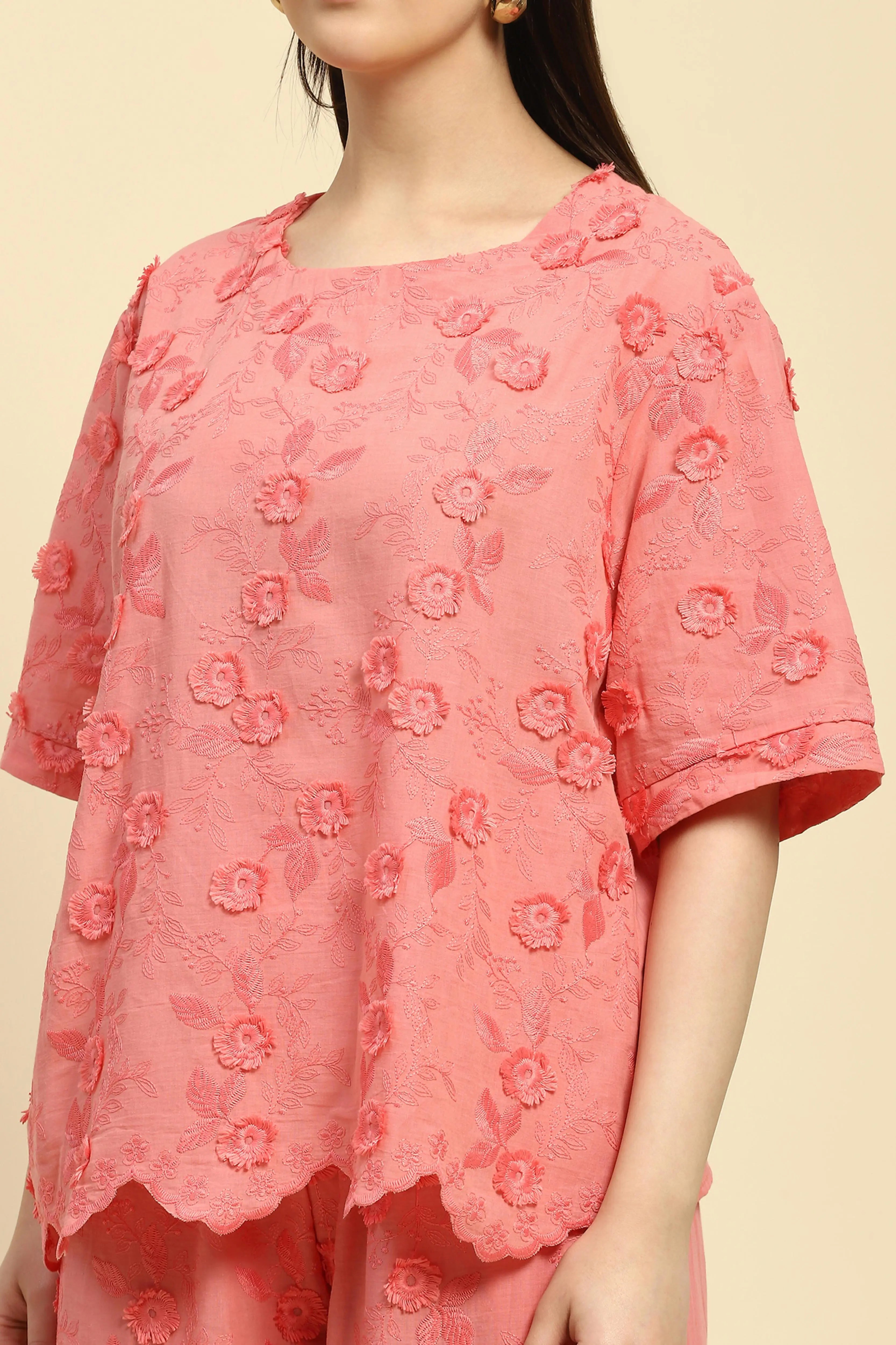 Pink Embroidered Cotton Nightsuit - Global Republic