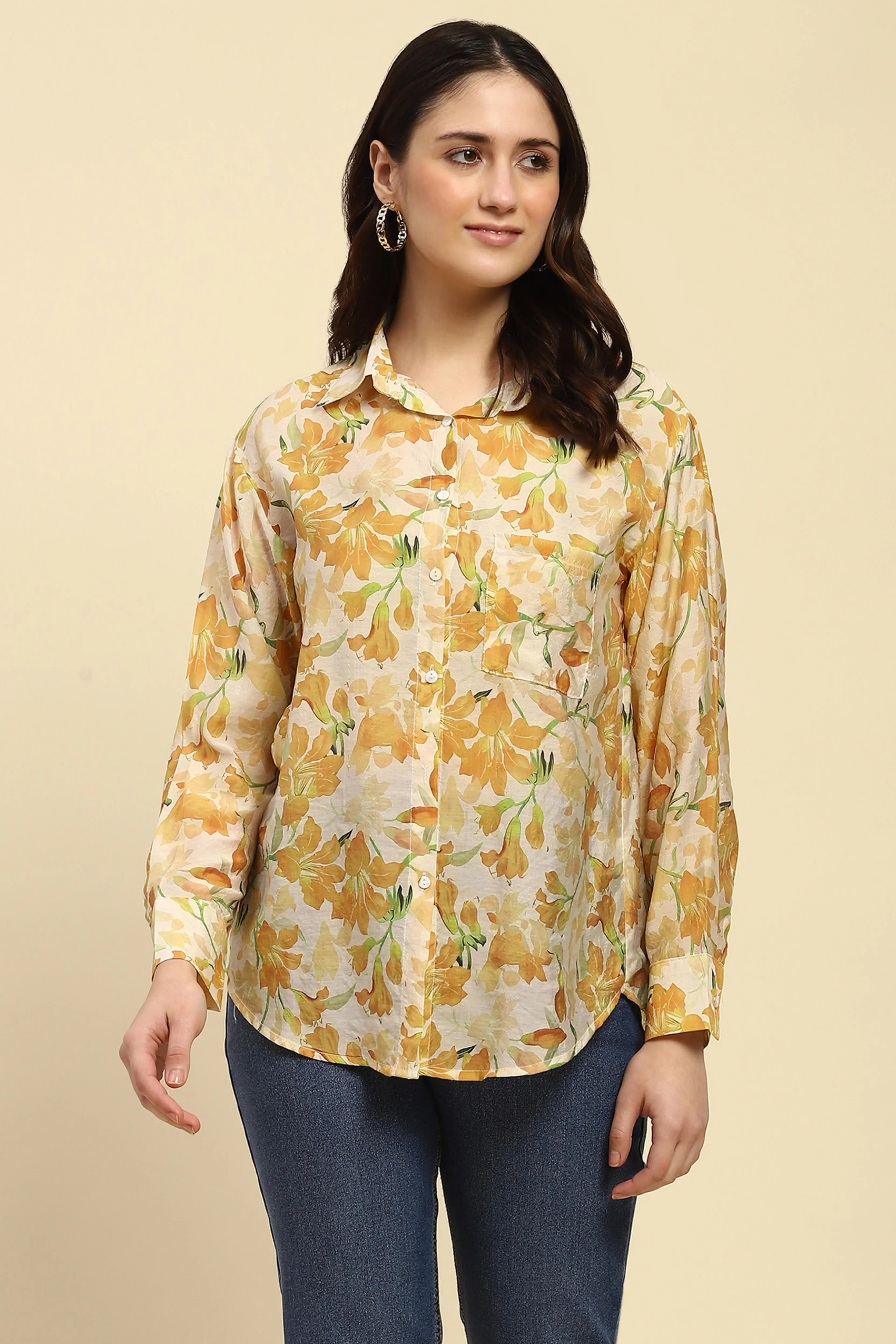Yellow Floral Print Rayon Blend Shirt - Global Republic