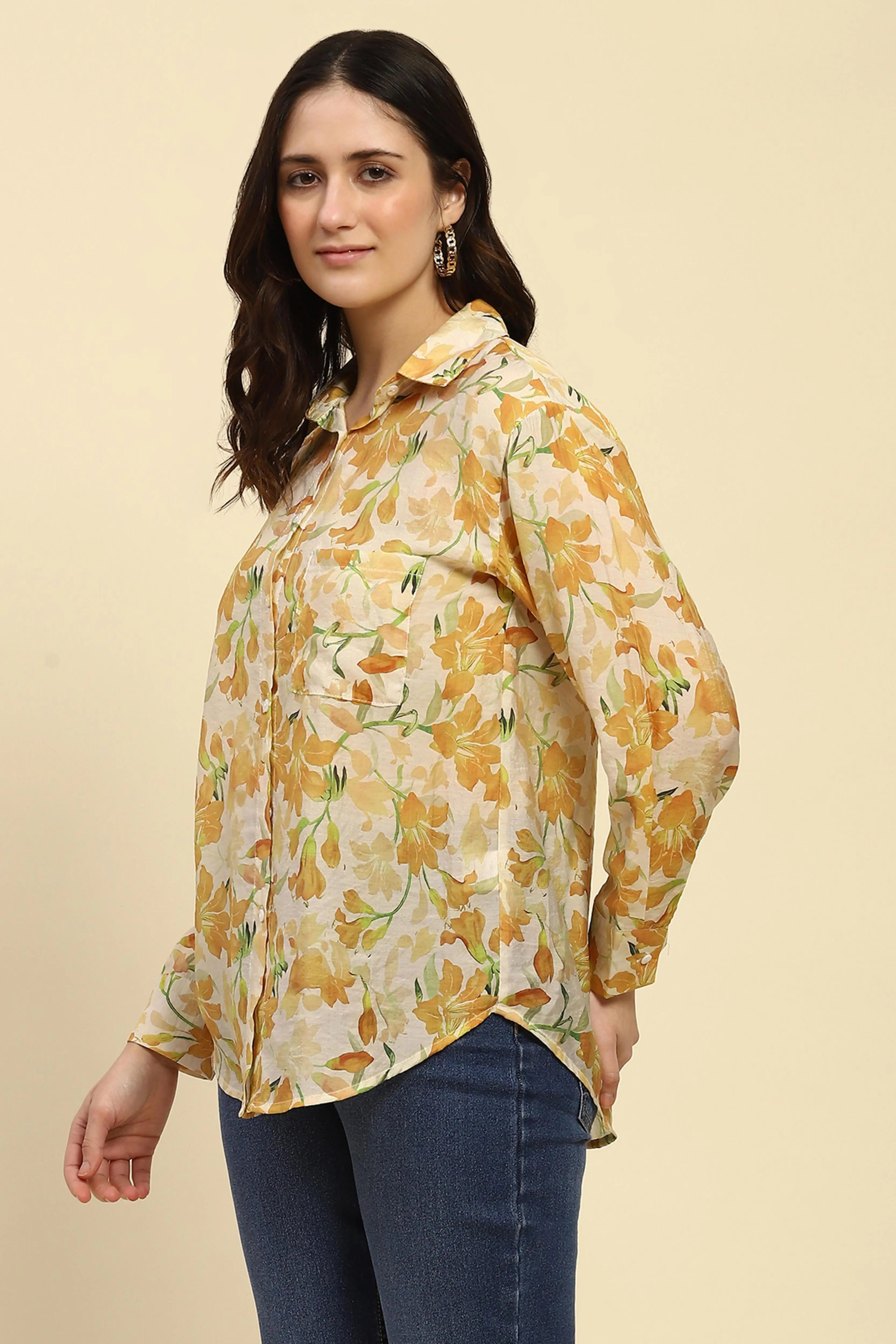 Yellow Floral Print Rayon Blend Shirt - Global Republic