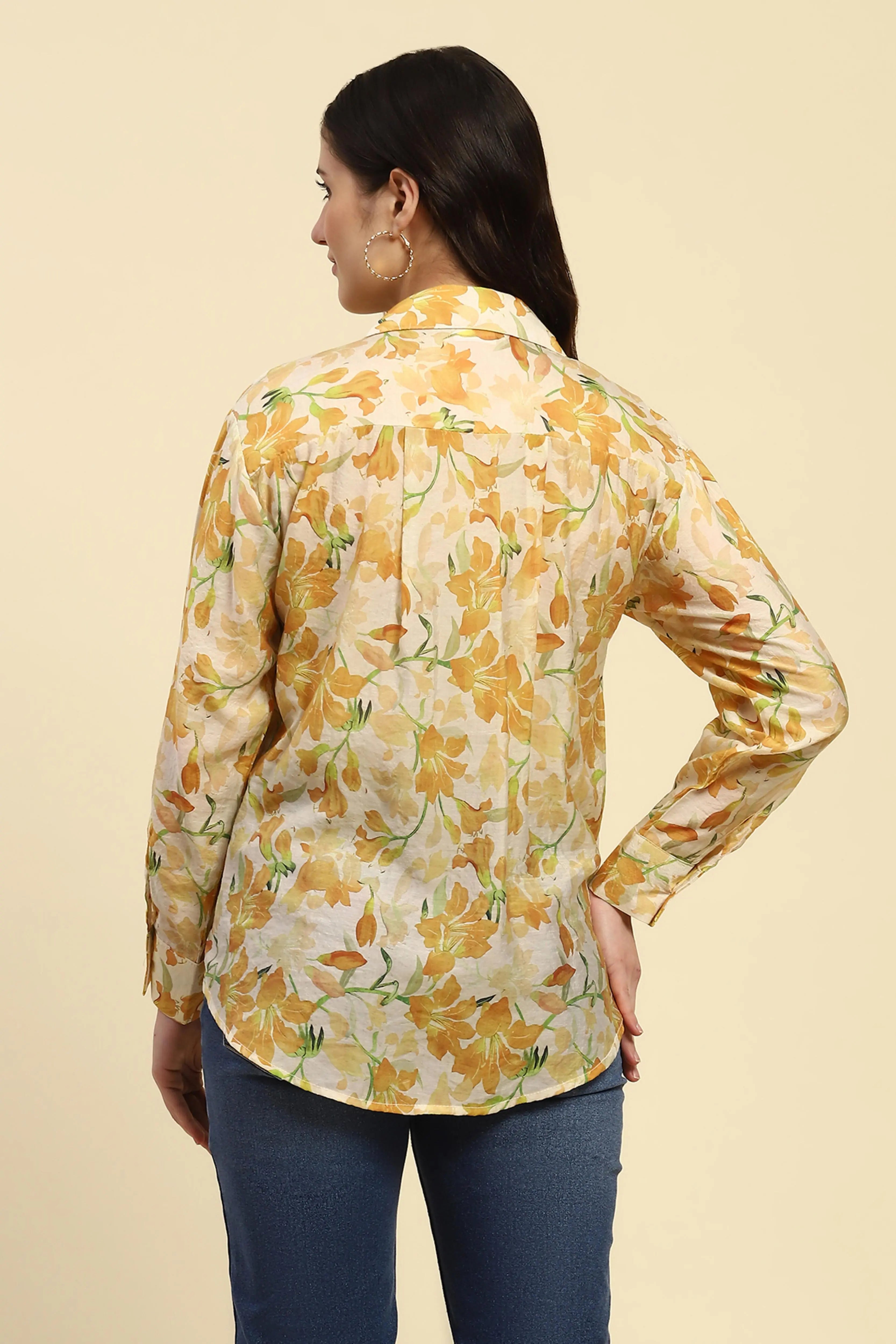 Yellow Floral Print Rayon Blend Shirt - Global Republic