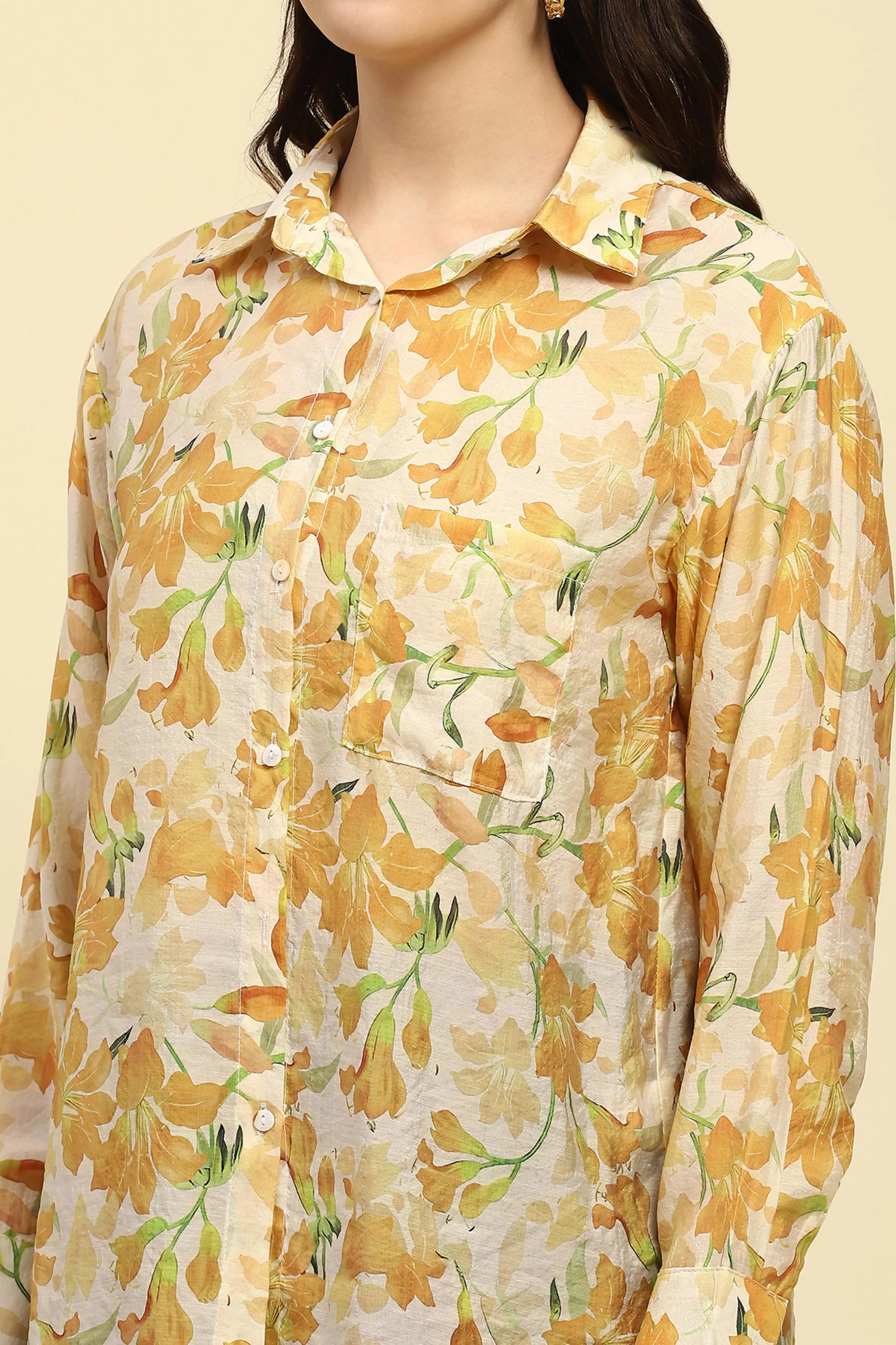 Yellow Floral Print Rayon Blend Shirt - Global Republic