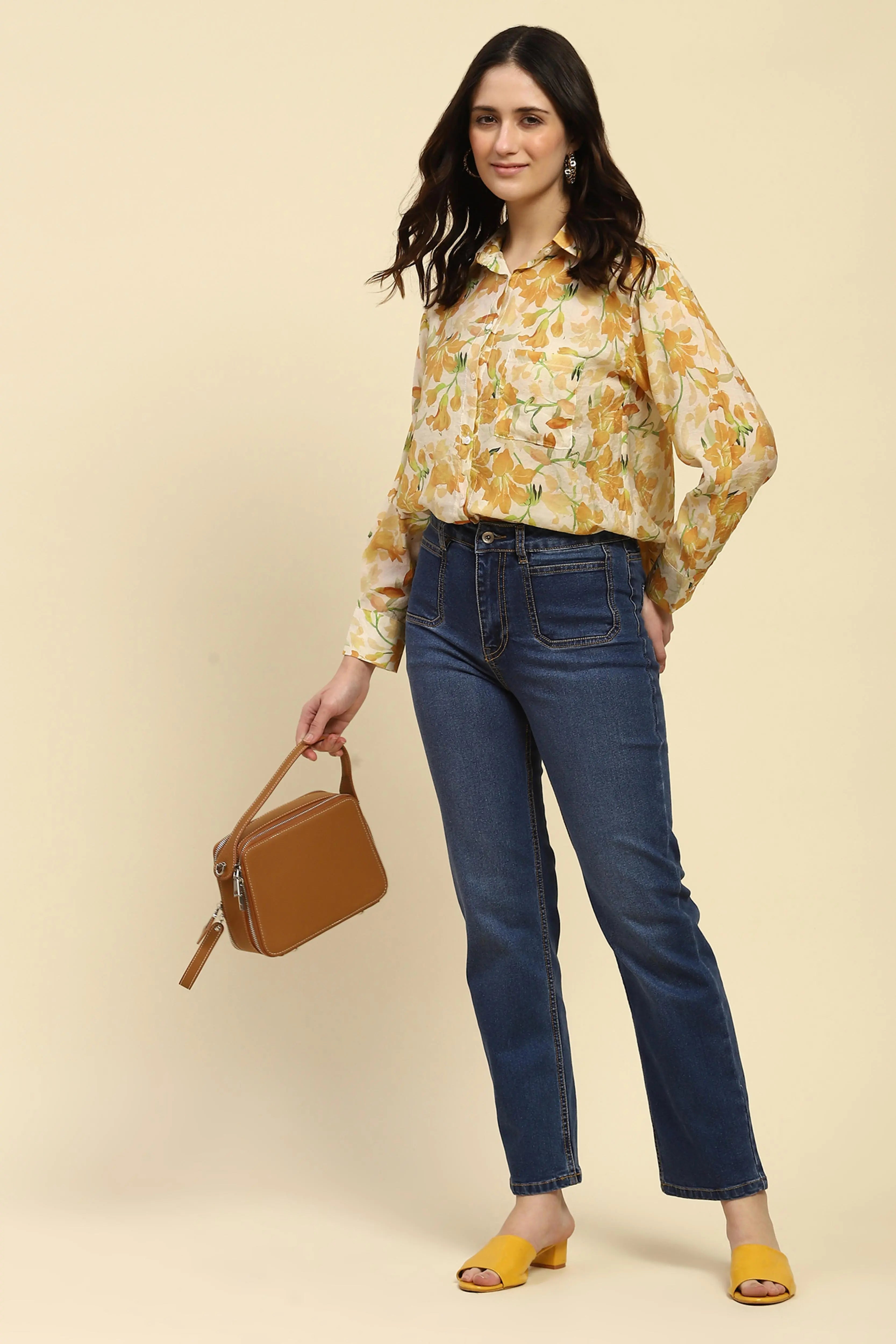 Yellow Floral Print Rayon Blend Shirt - Global Republic