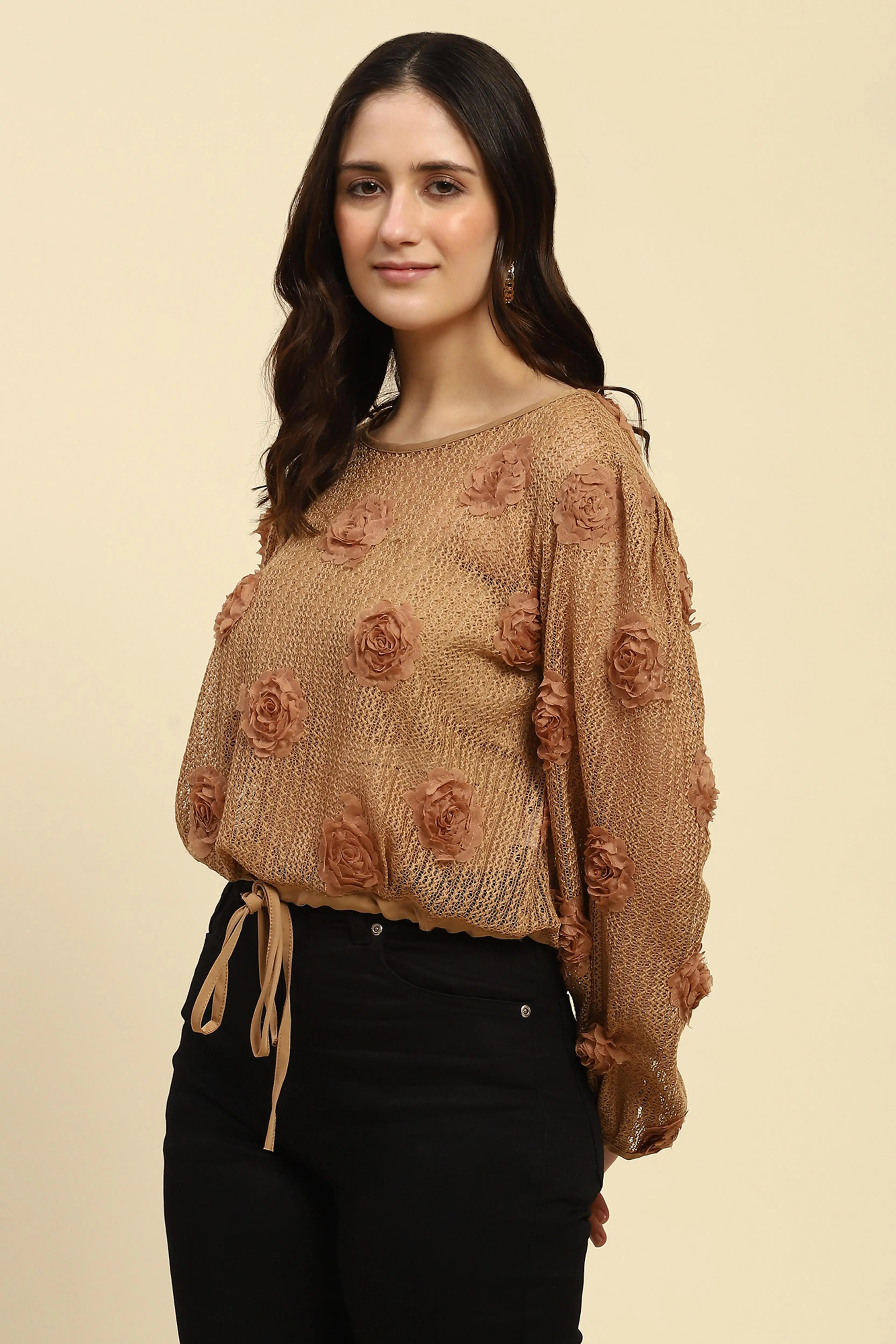 Brown Applique Embroidered  Top - Global Republic