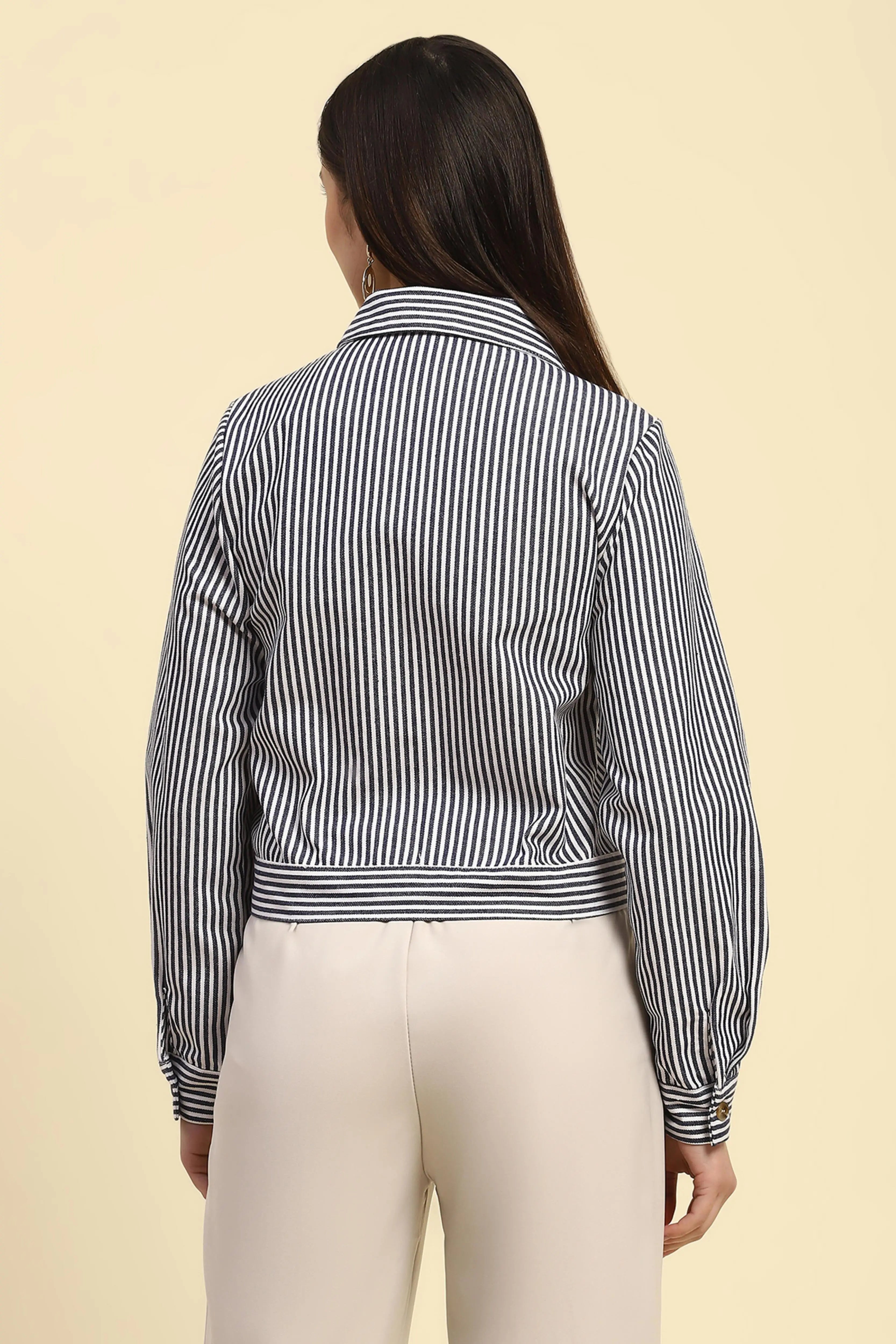 Navy Embroidered Striped Cotton Shirt - Global Republic