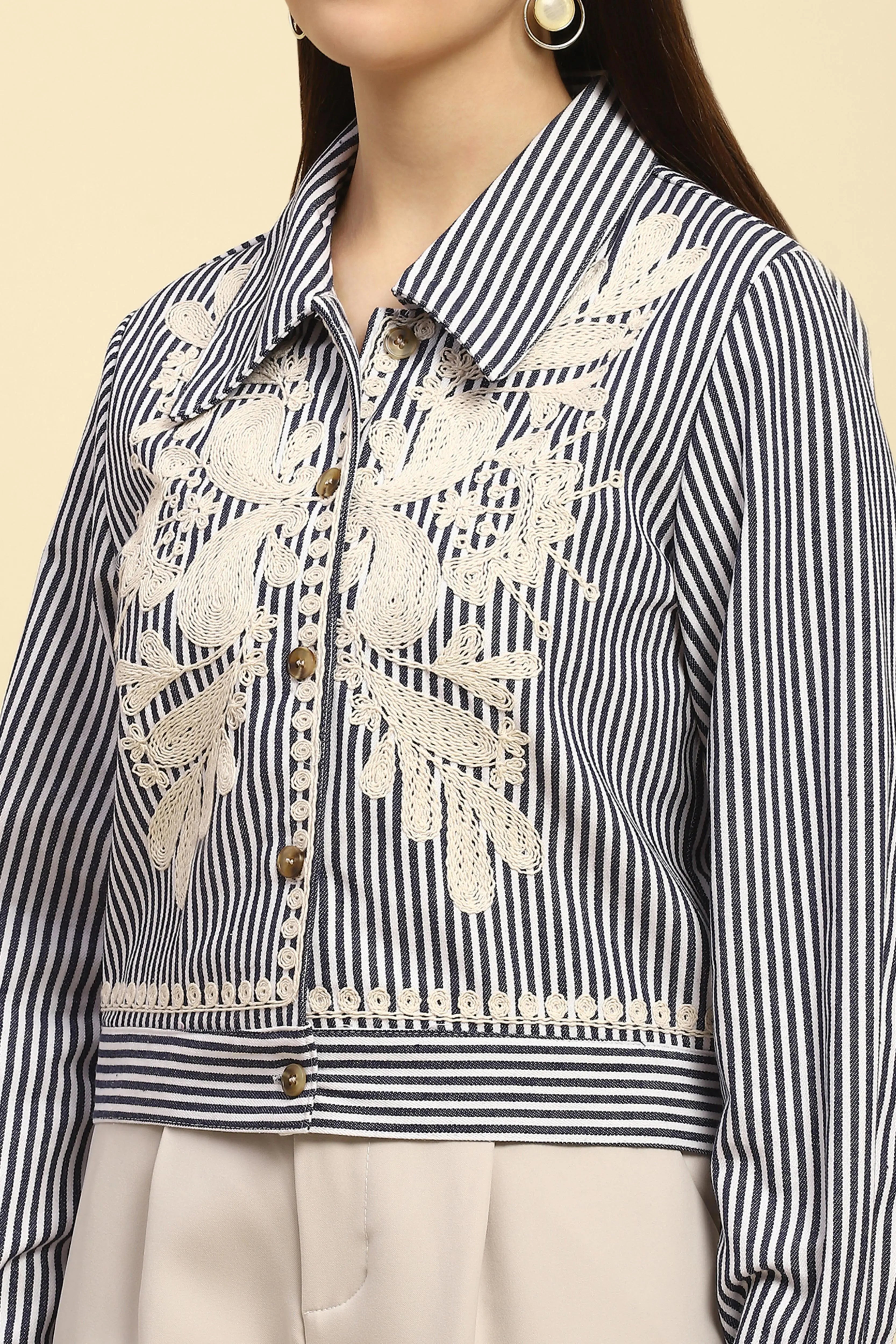 Navy Embroidered Striped Cotton Shirt - Global Republic