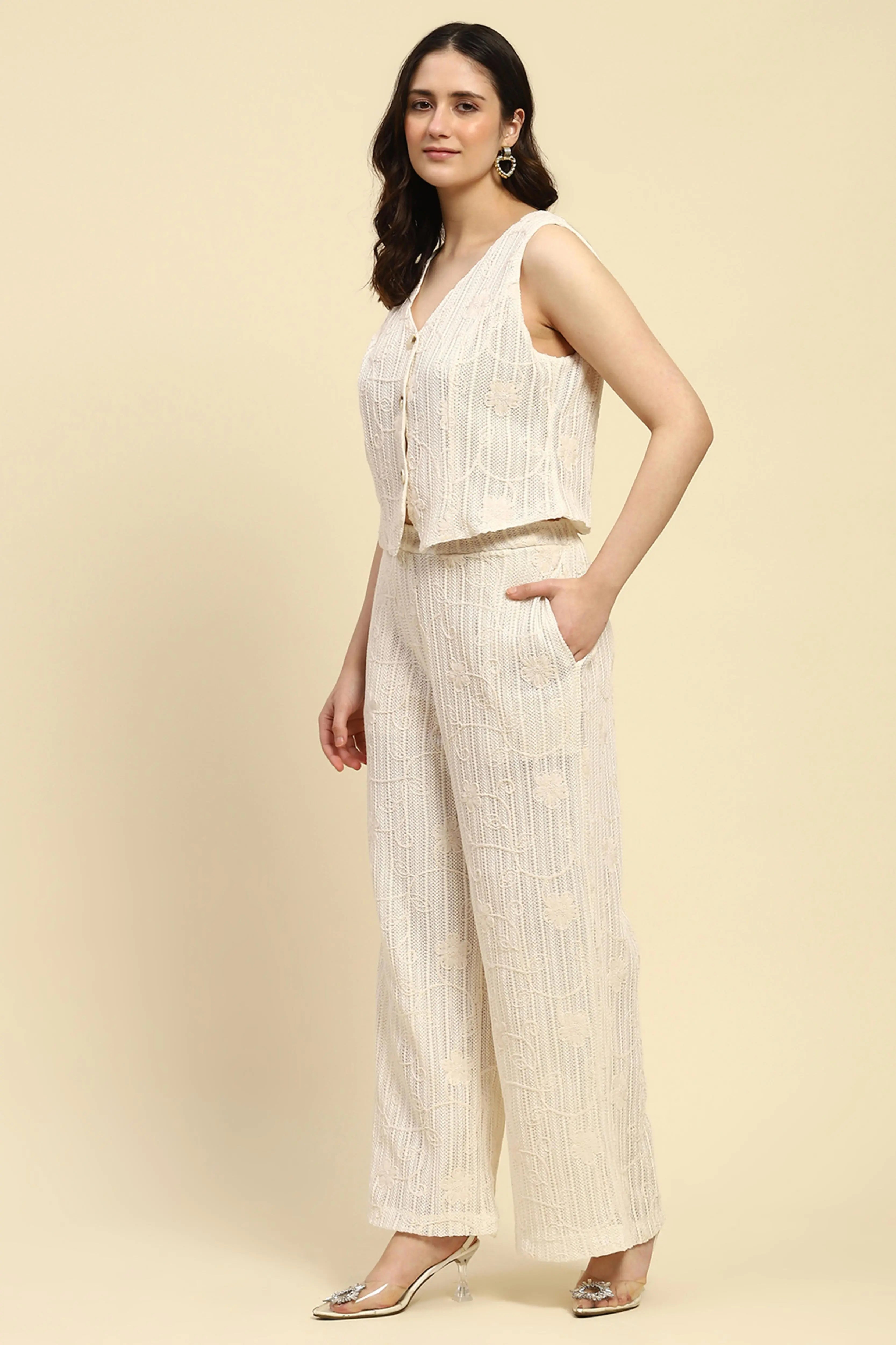 Cream Embroidered Co-ord Set - Global Republic