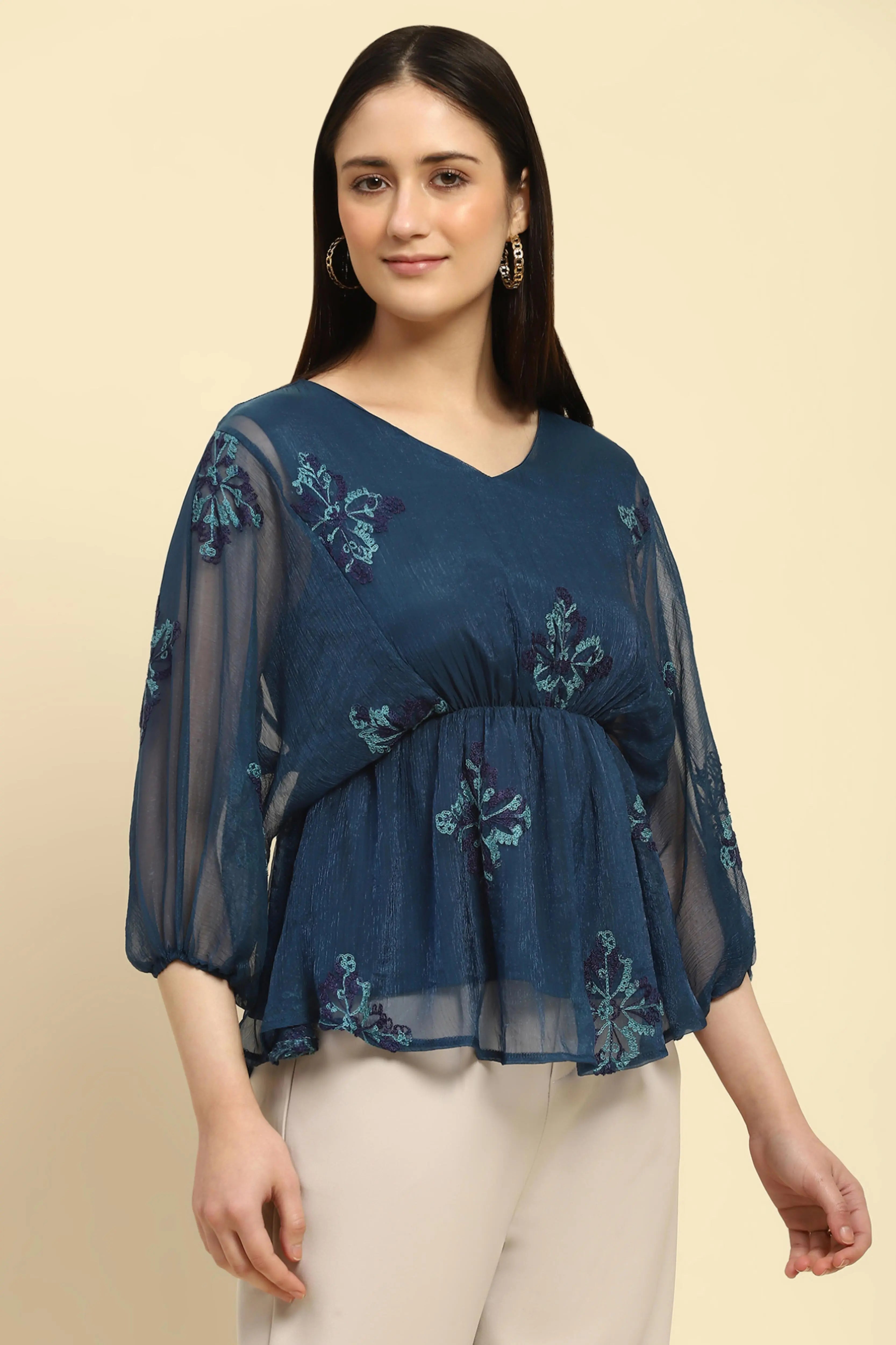 Teal Embroidered  Top - Global Republic
