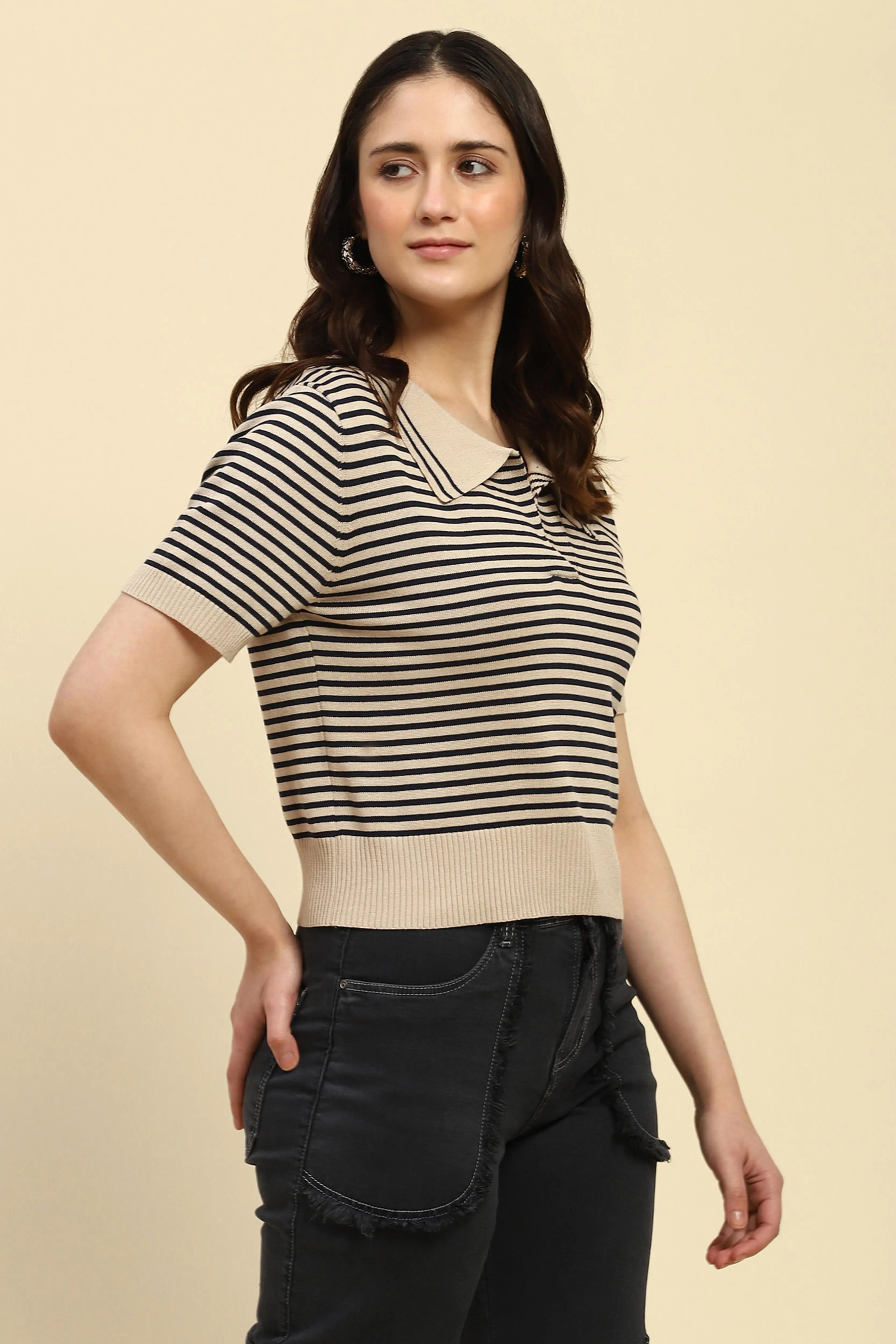 Natural Striped Viscose Boxy Top - Global Republic