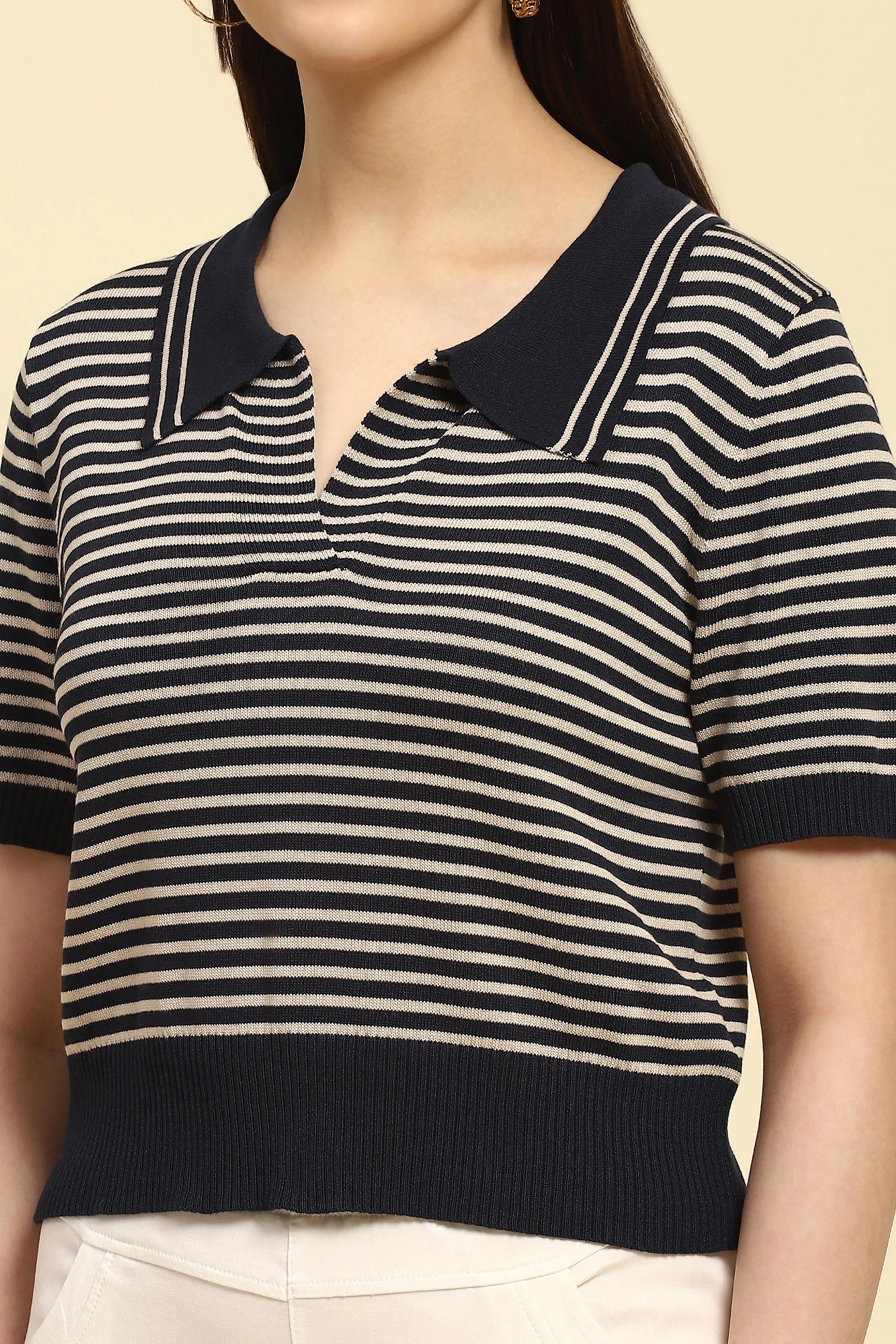 Navy Striped Viscose Boxy Top - Global Republic