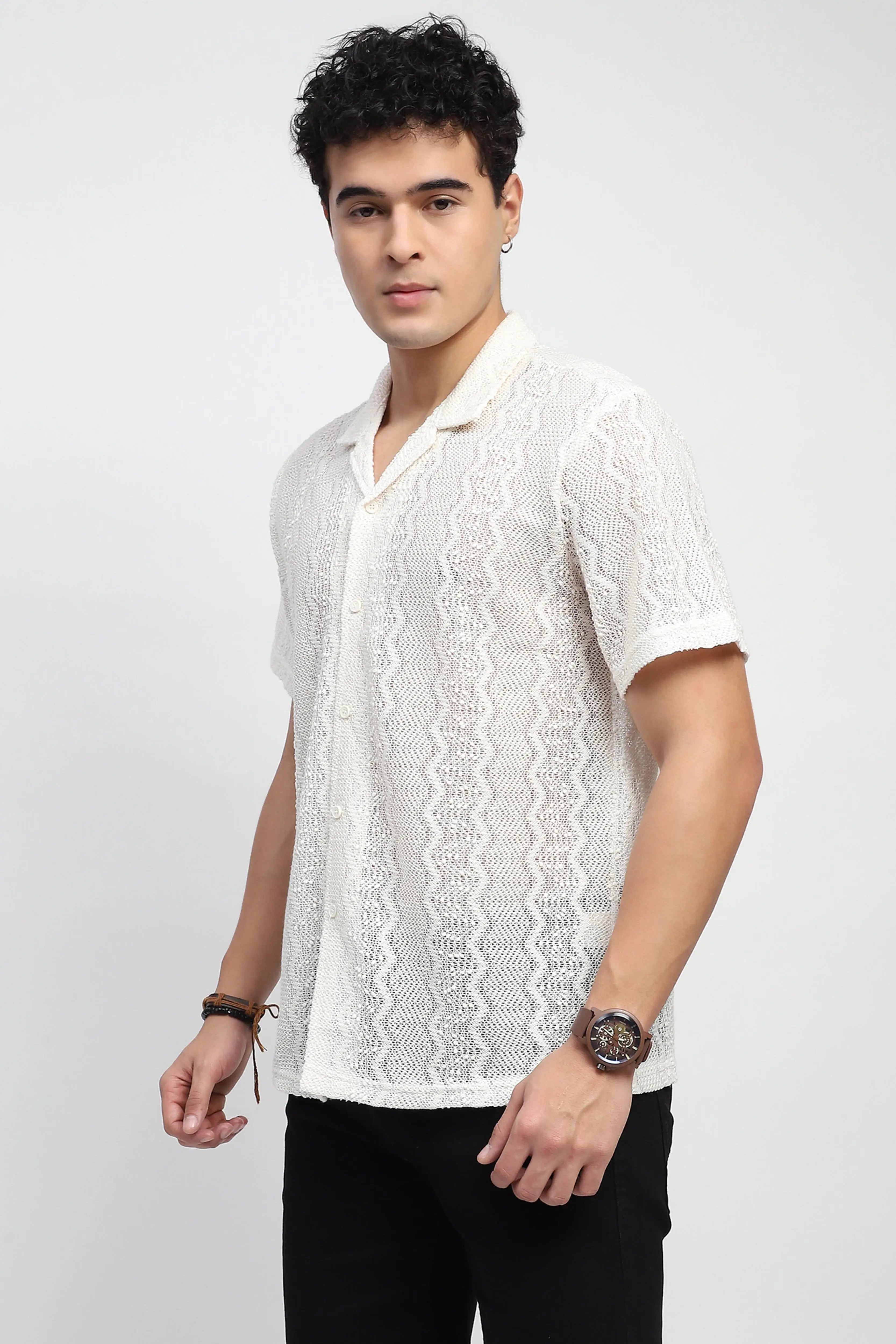 Ecru blend Knit Relaxed Fit Shirt - Global Republic
