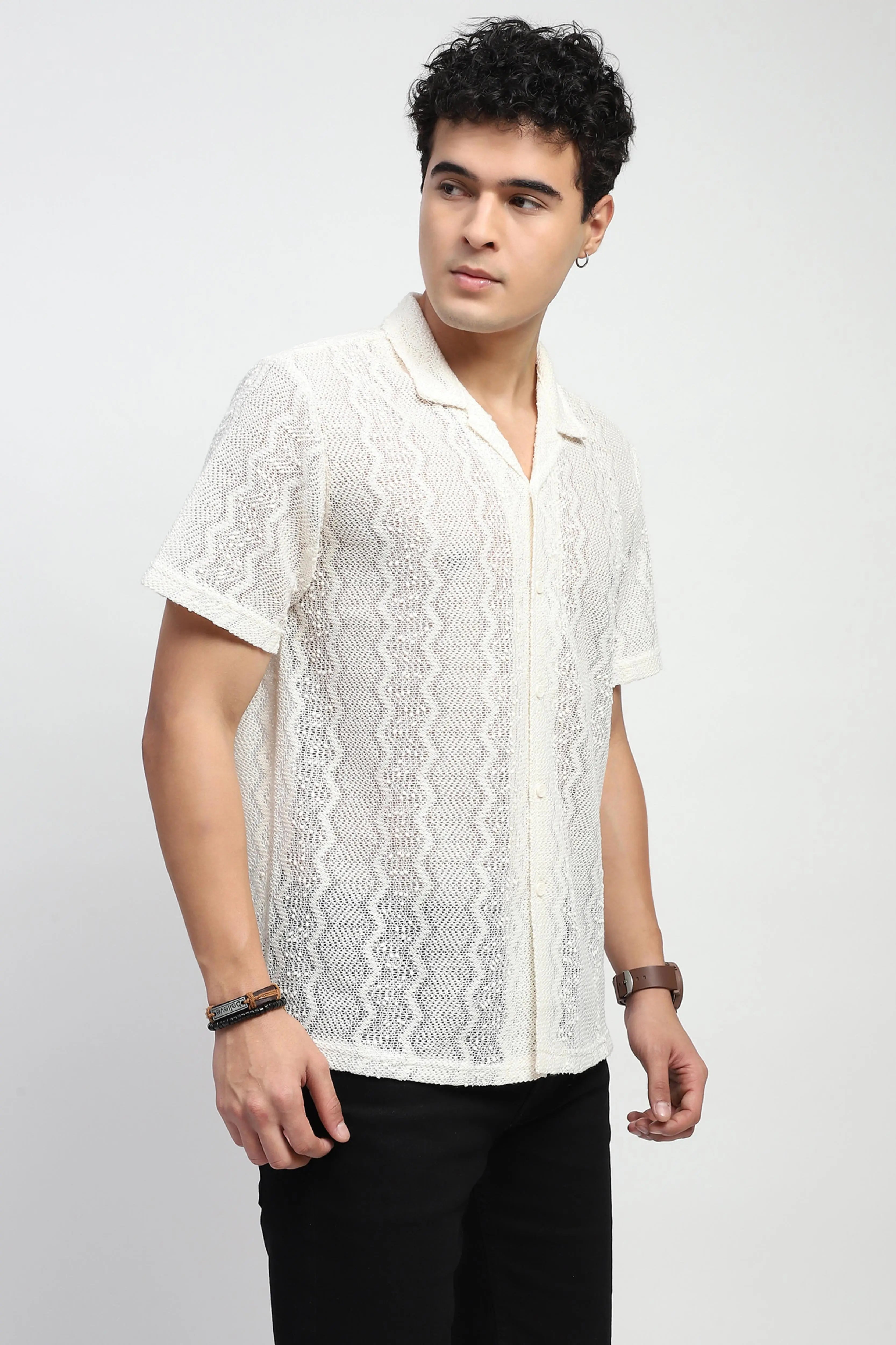 Ecru blend Knit Relaxed Fit Shirt - Global Republic