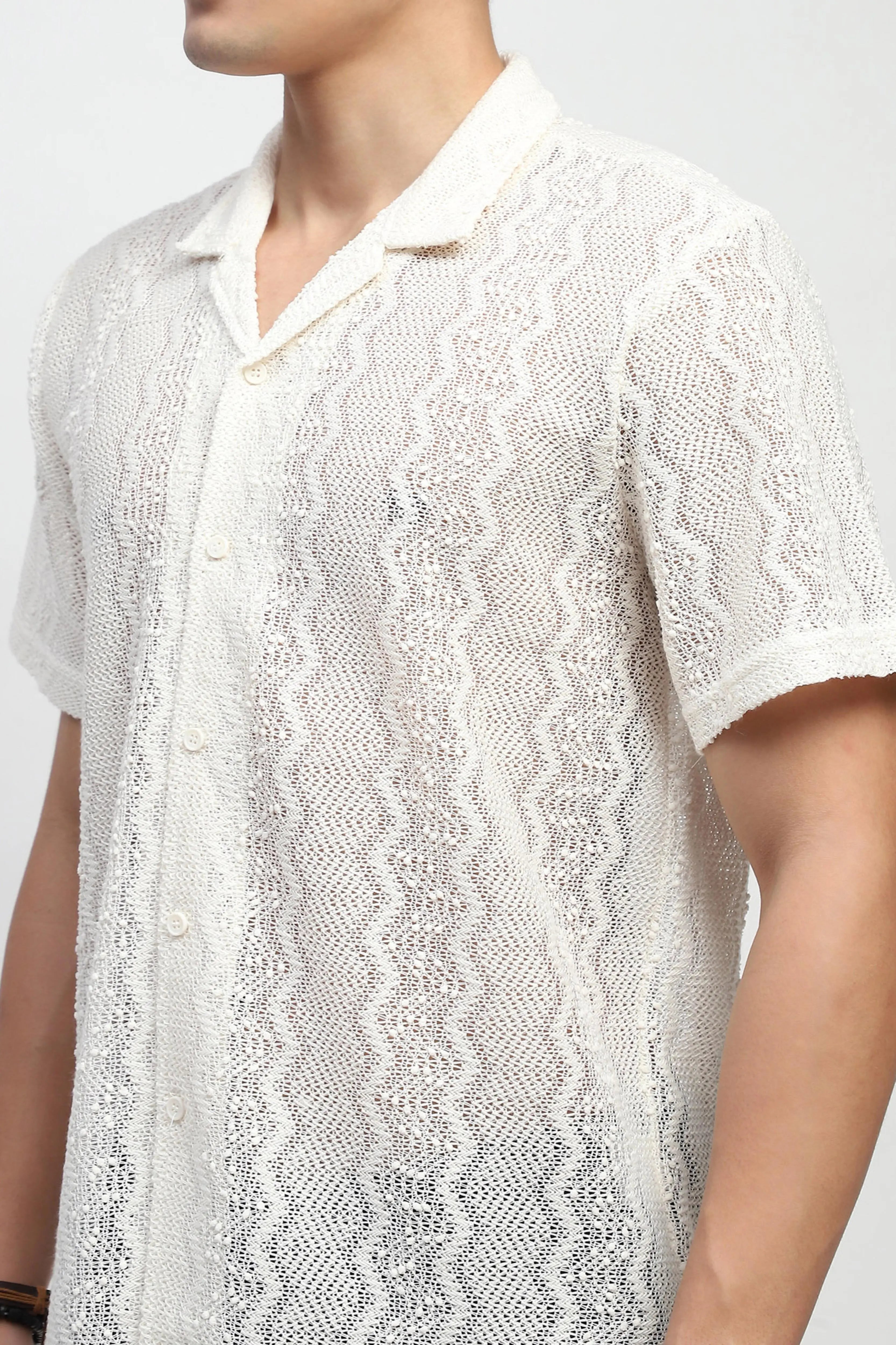 Ecru blend Knit Relaxed Fit Shirt - Global Republic