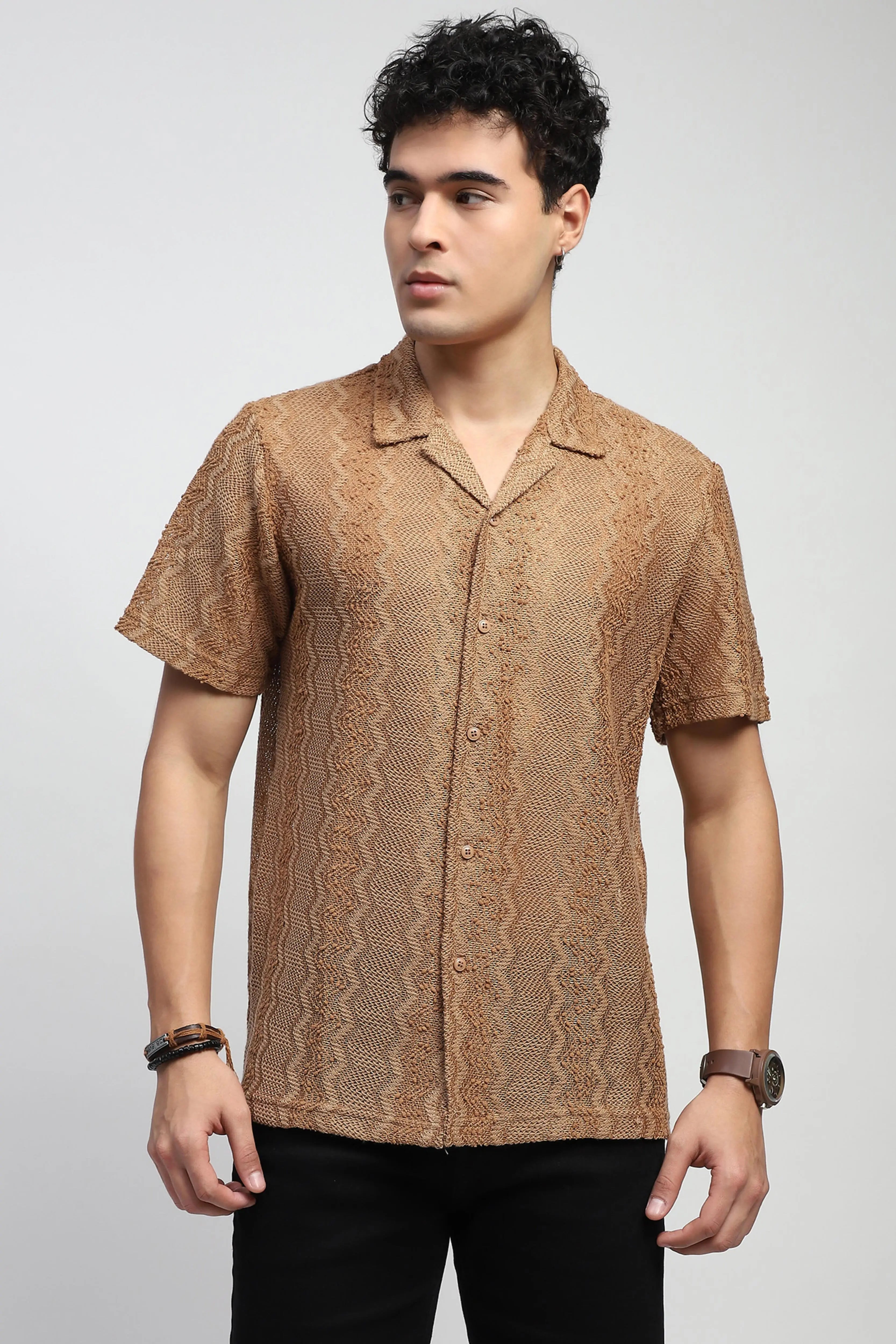Brown blend Knit Relaxed Fit Shirt - Global Republic