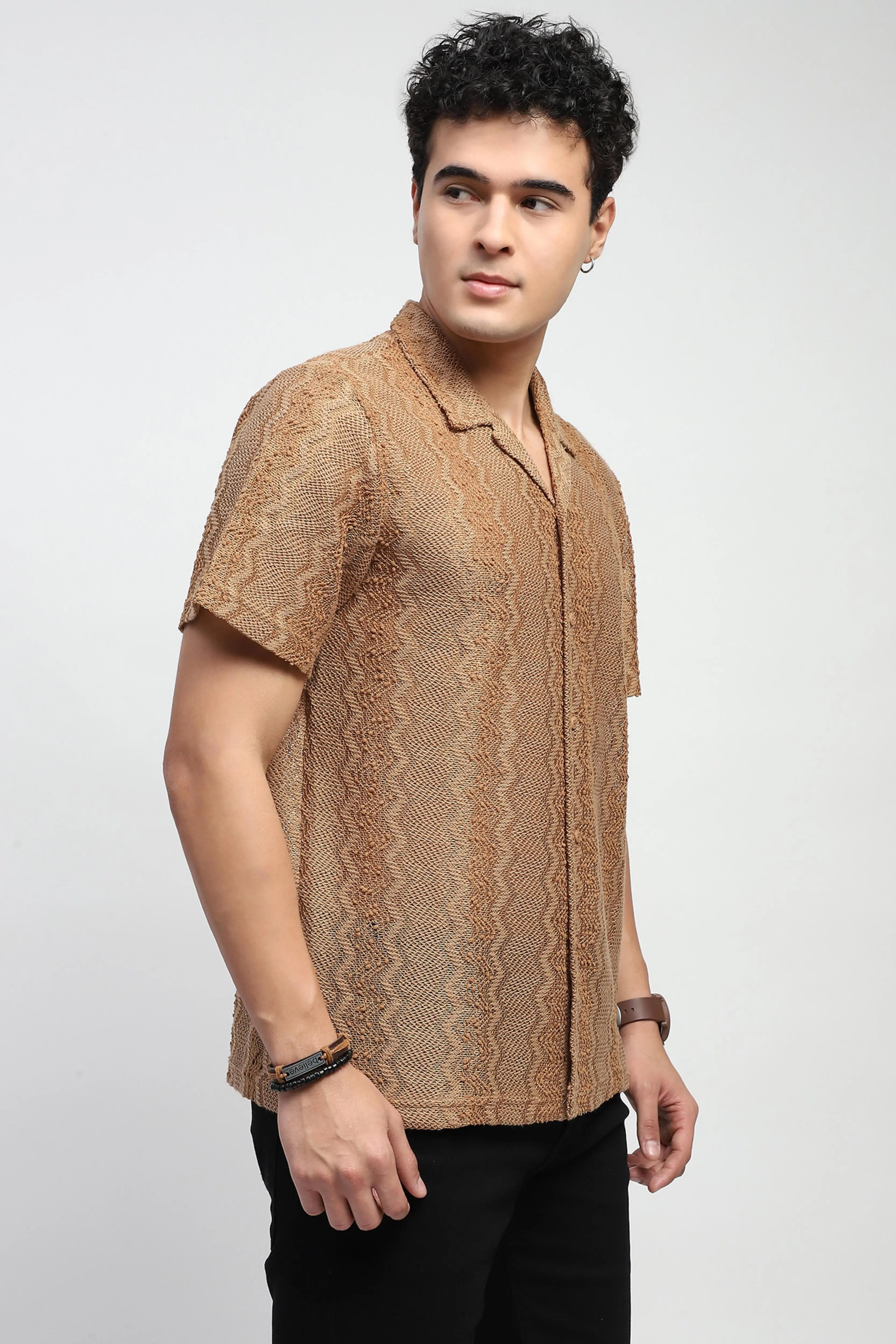 Brown blend Knit Relaxed Fit Shirt - Global Republic