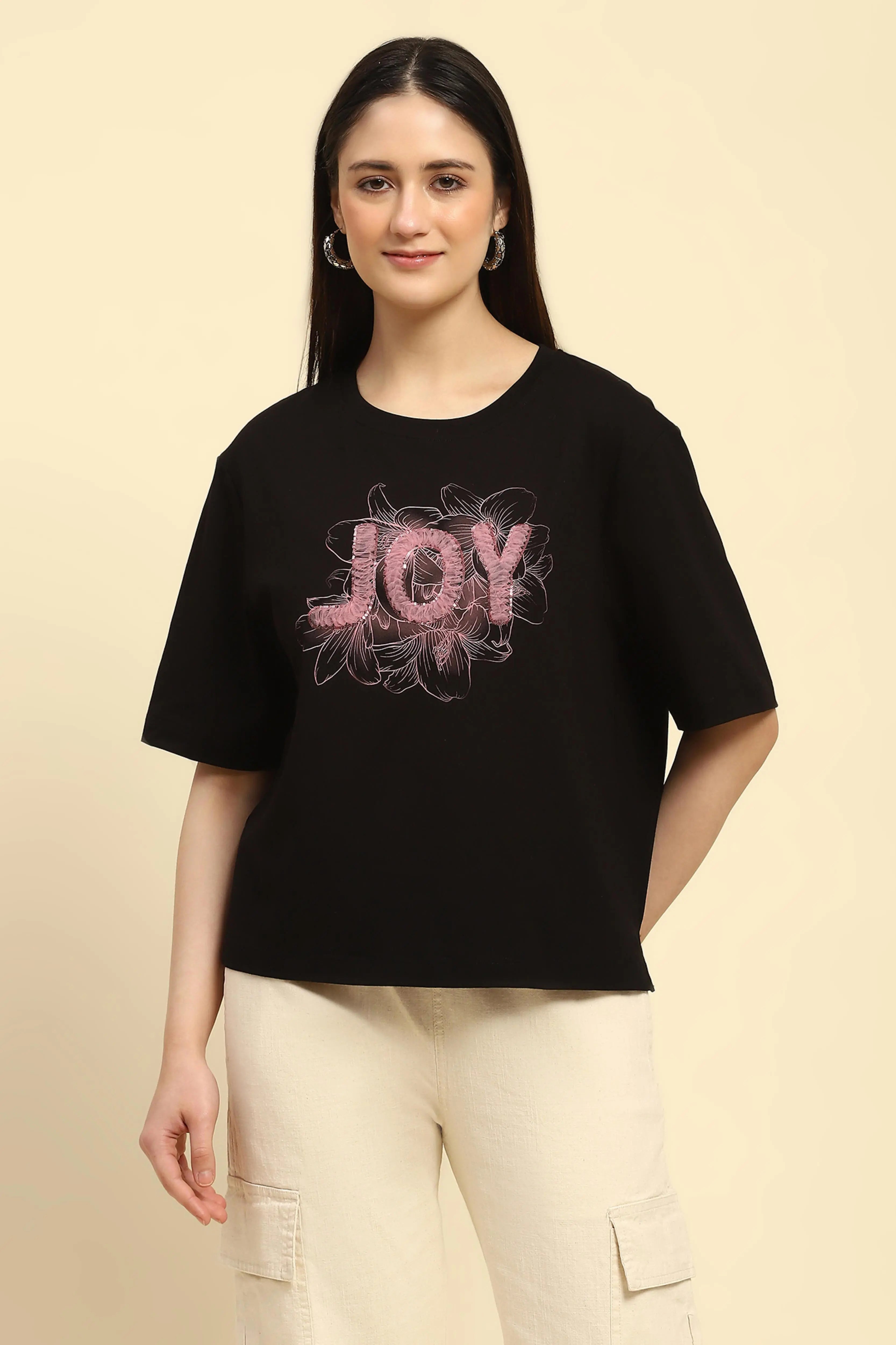 Black Embroidered Cotton Boxy Top - Global Republic