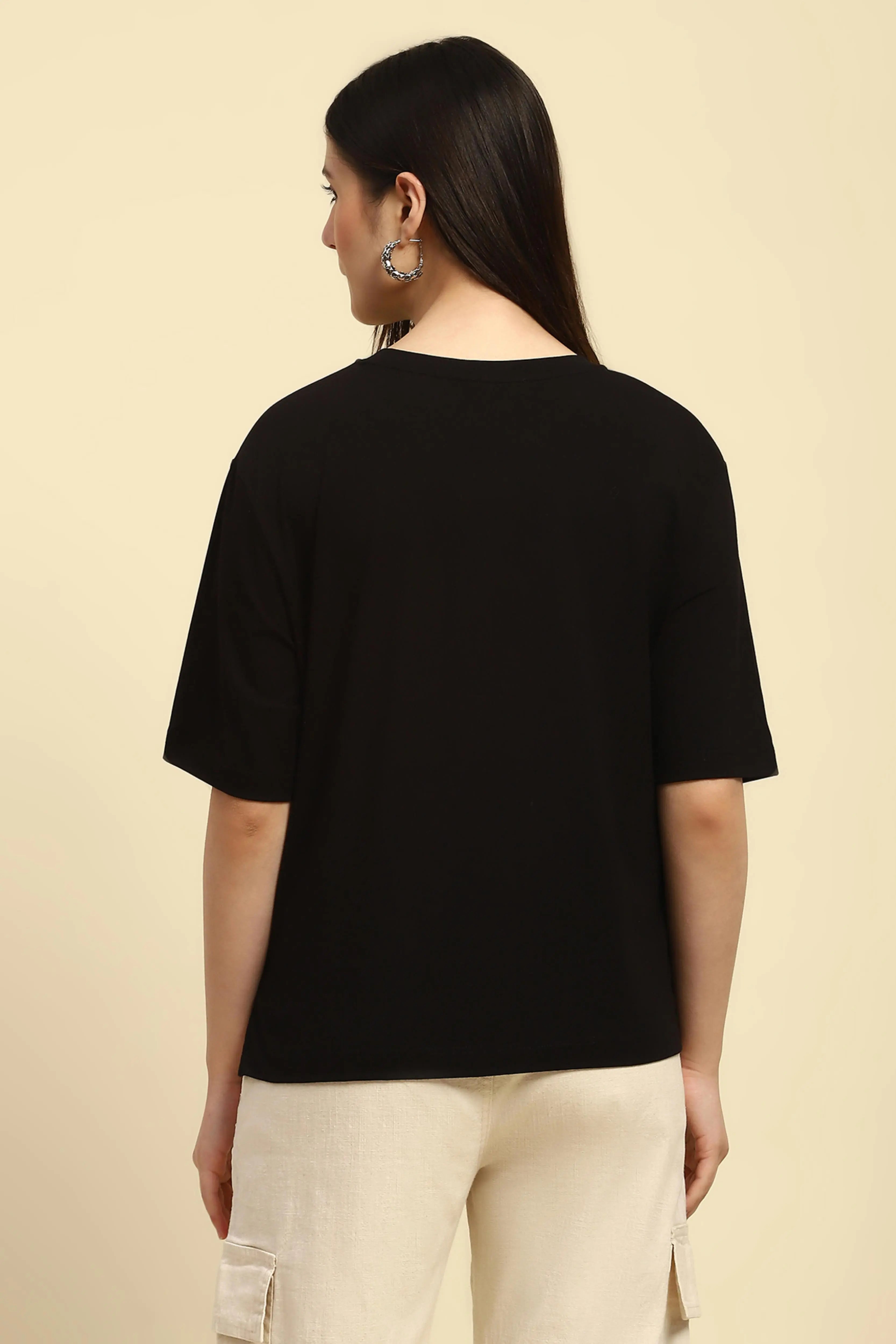 Black Embroidered Cotton Boxy Top - Global Republic