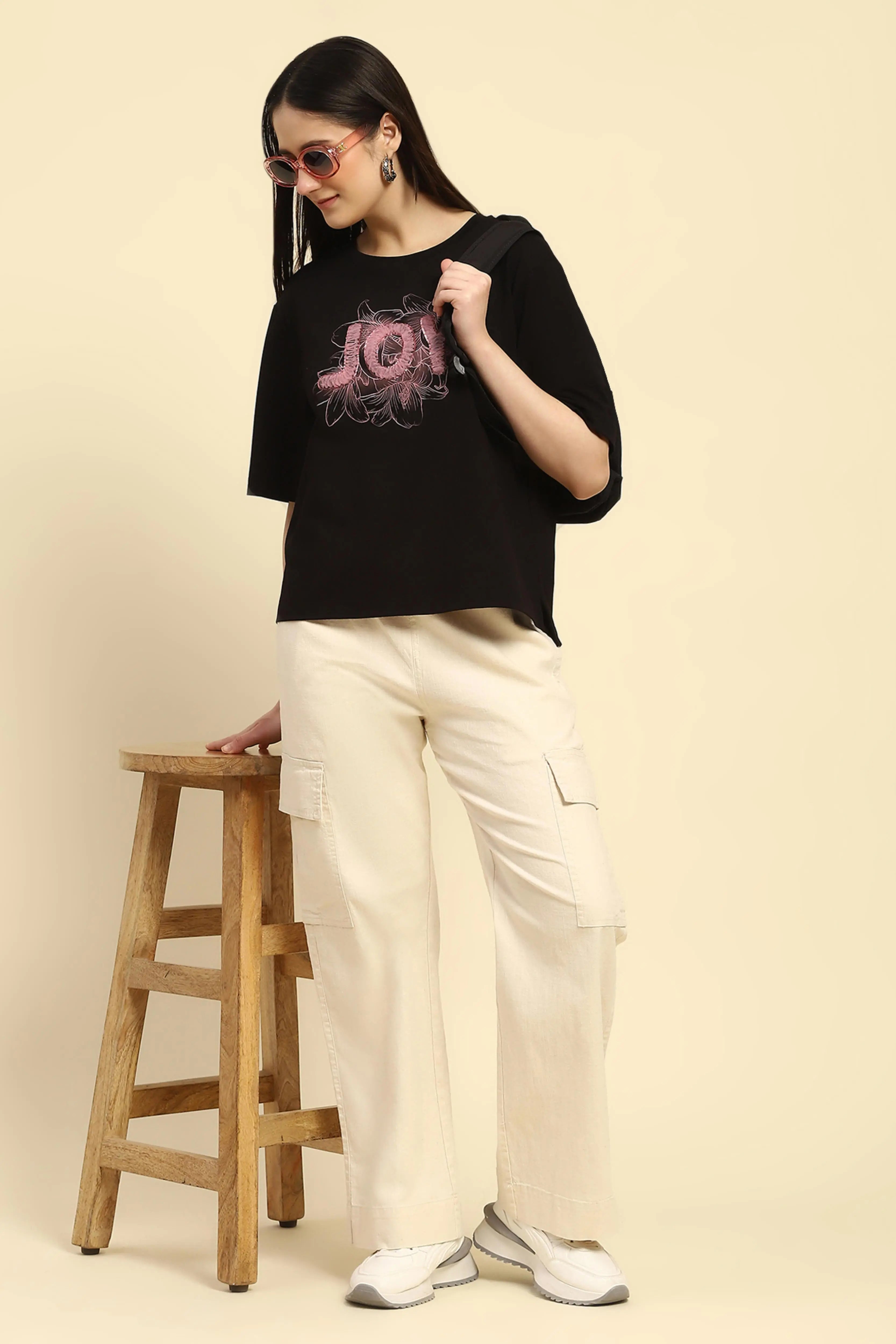 Black Embroidered Cotton Boxy Top - Global Republic