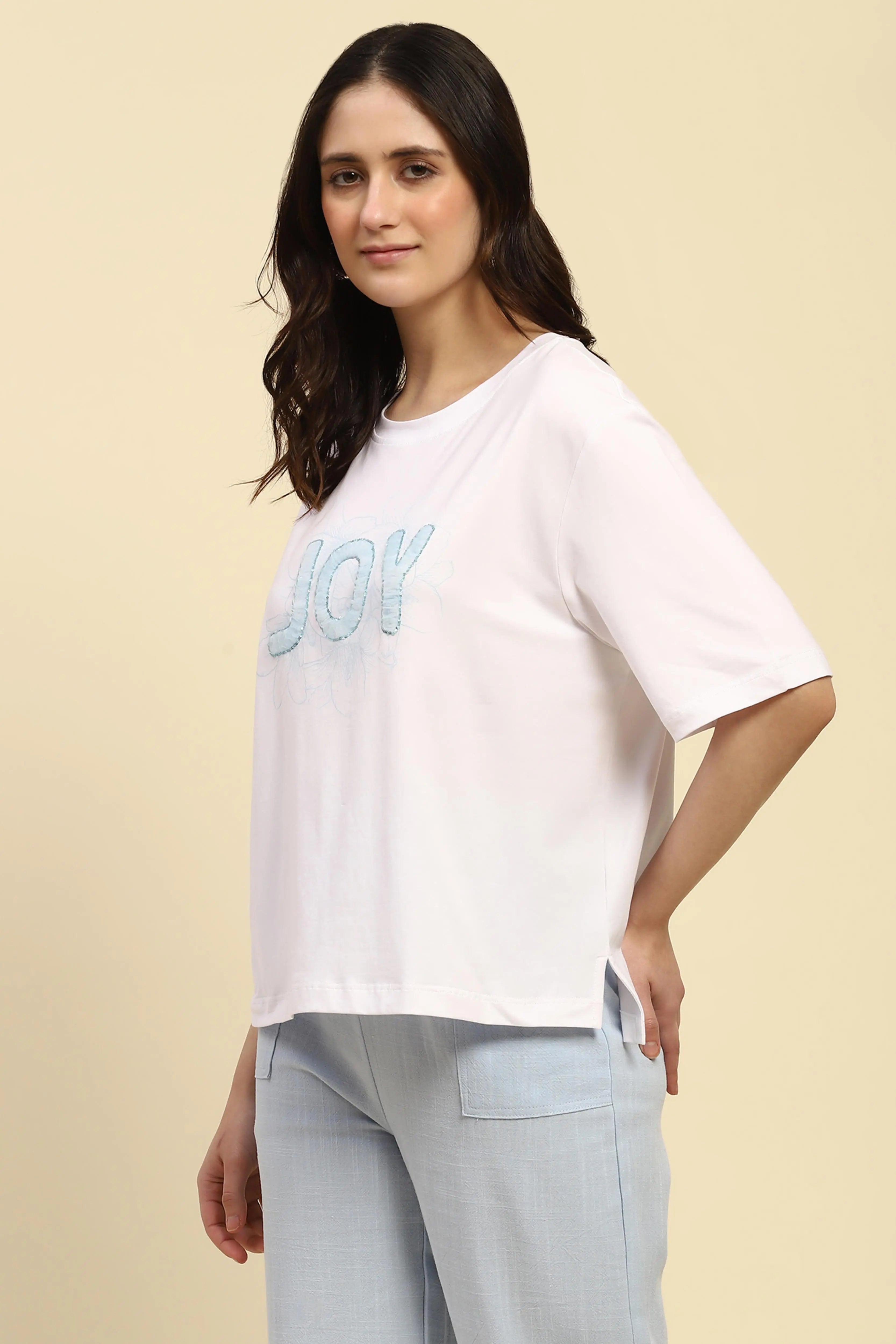 White Embroidered Cotton Boxy Top - Global Republic