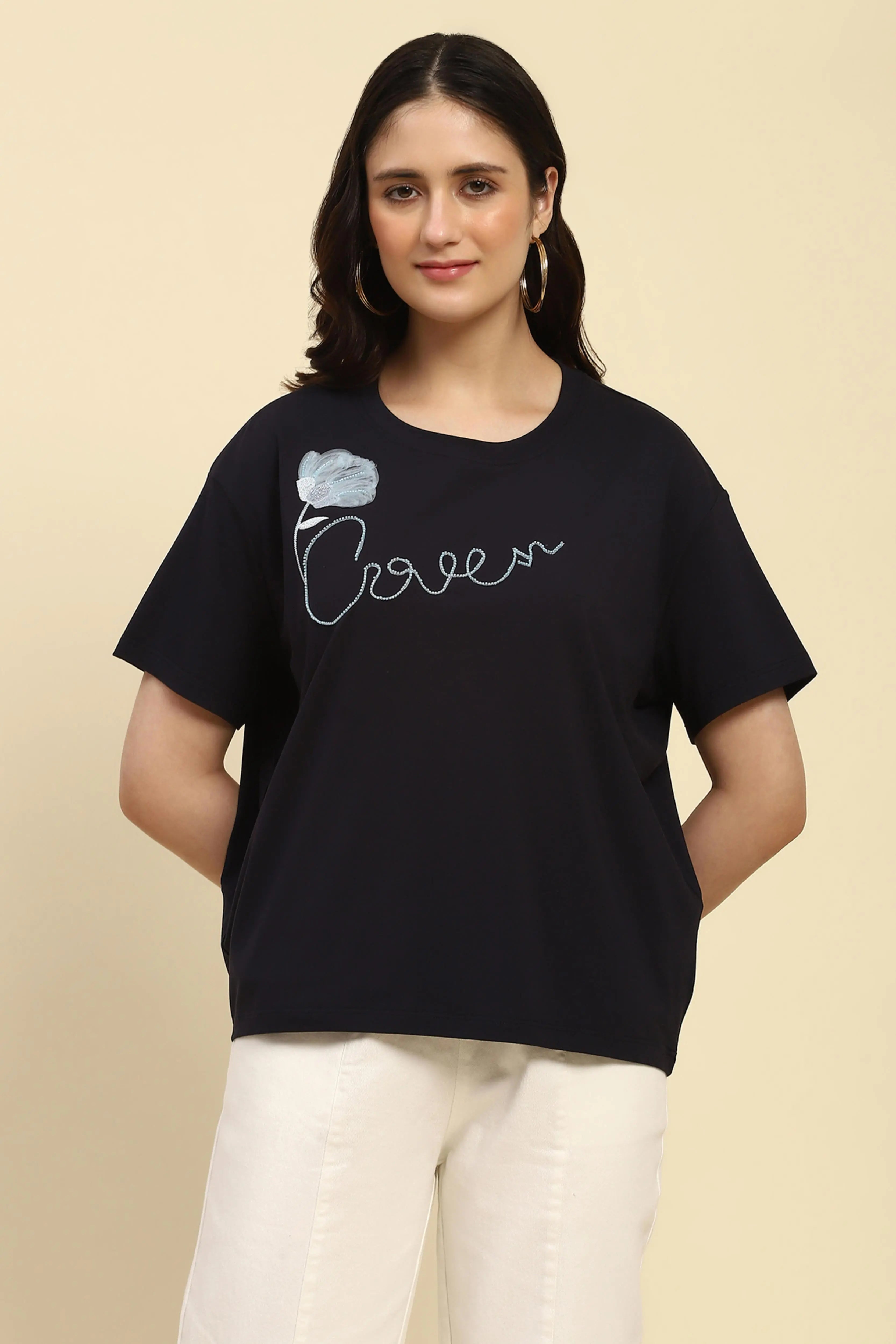 Navy Embroidered Modal Oversized Top - Global Republic