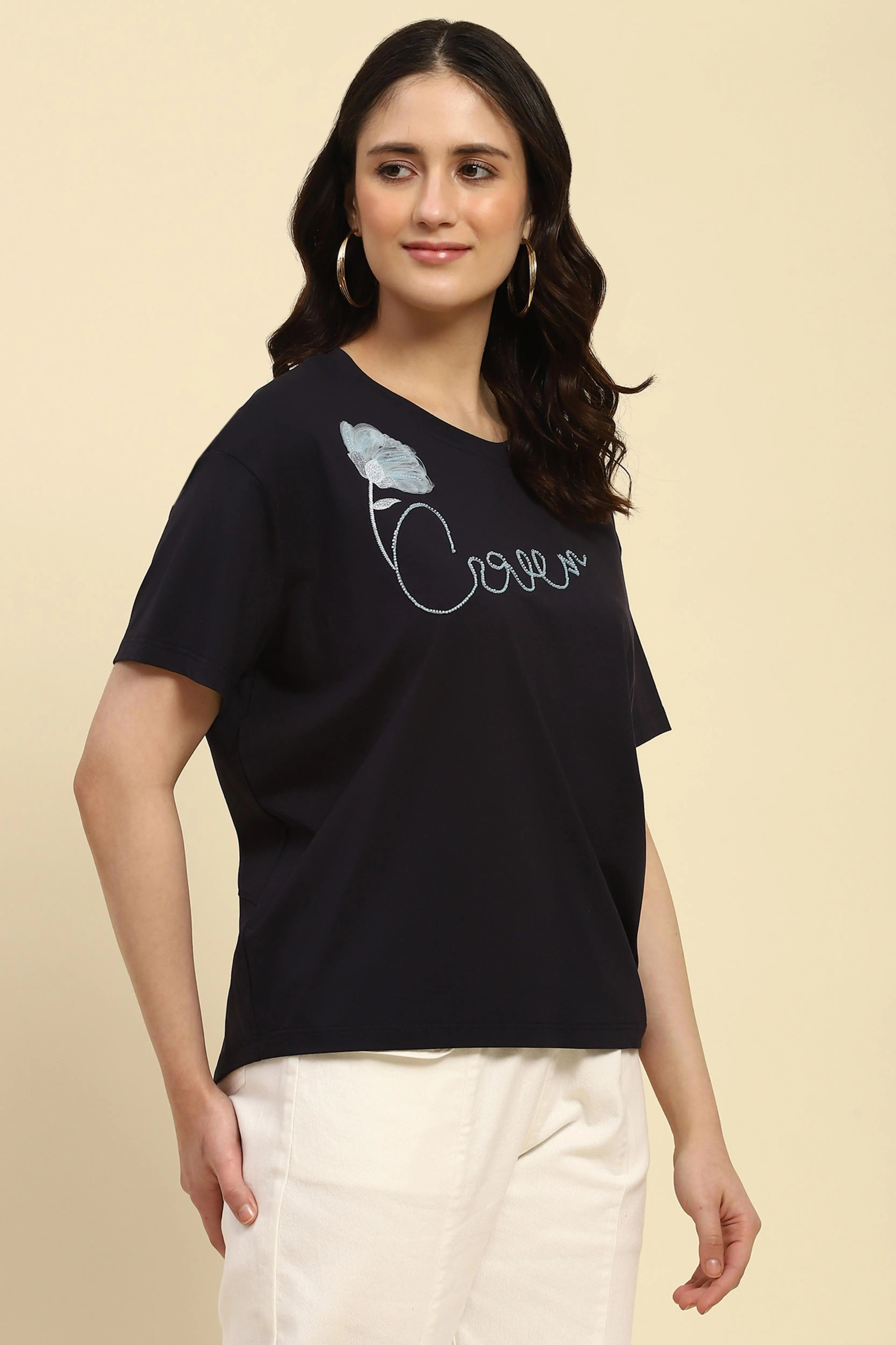 Navy Embroidered Modal Oversized Top - Global Republic