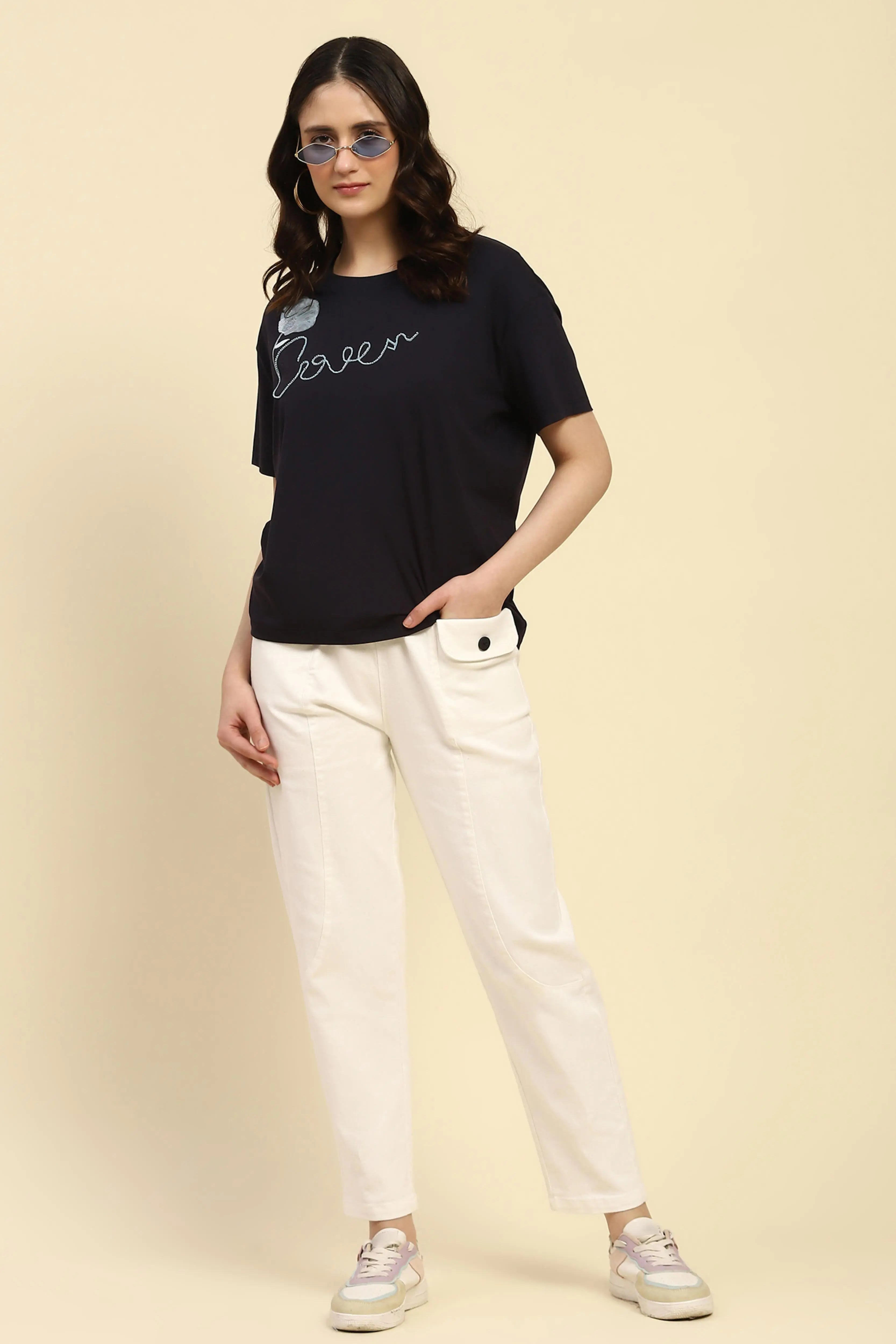 Navy Embroidered Modal Oversized Top - Global Republic