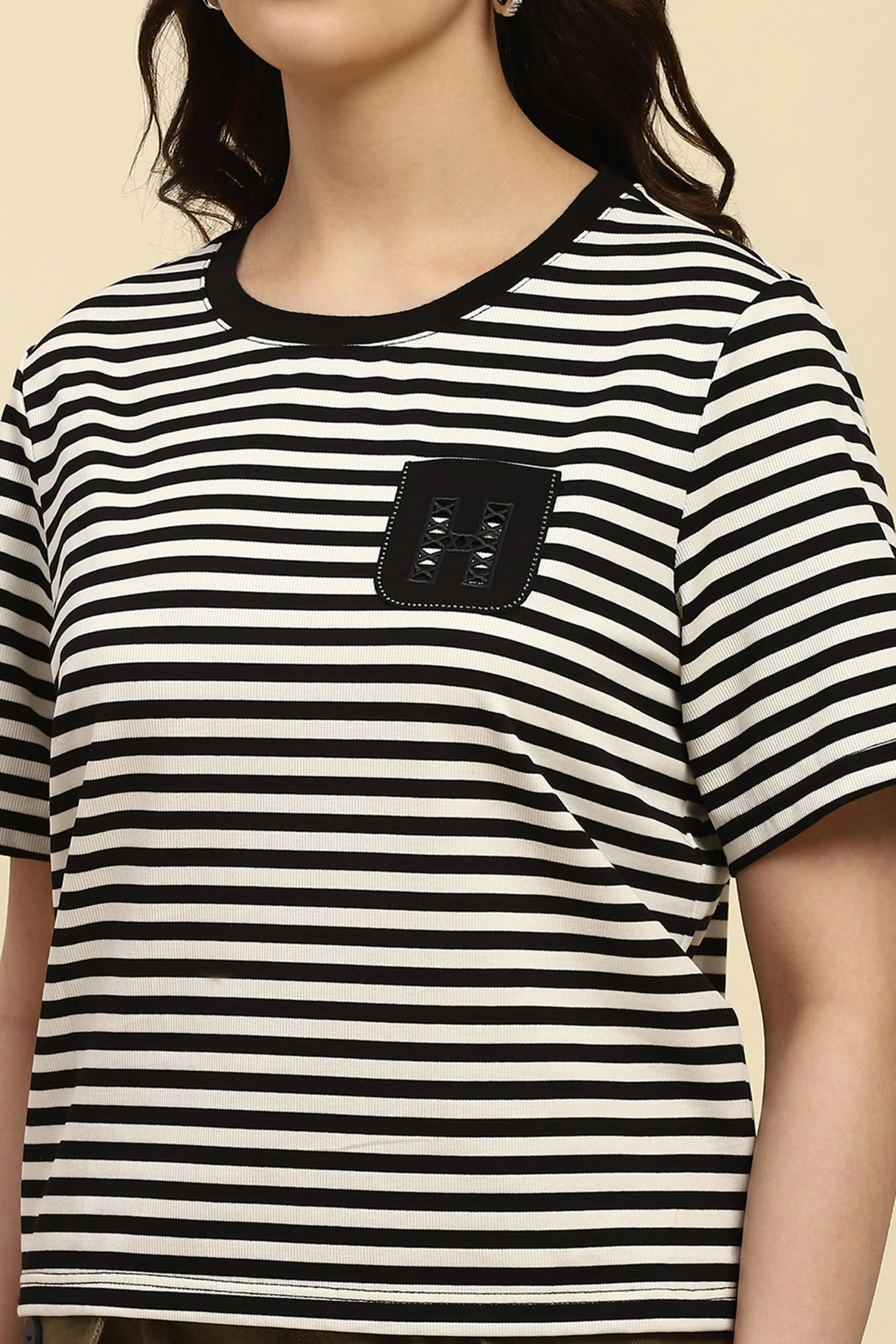 Black Striped Cotton Blend Boxy Fit Top - Global Republic