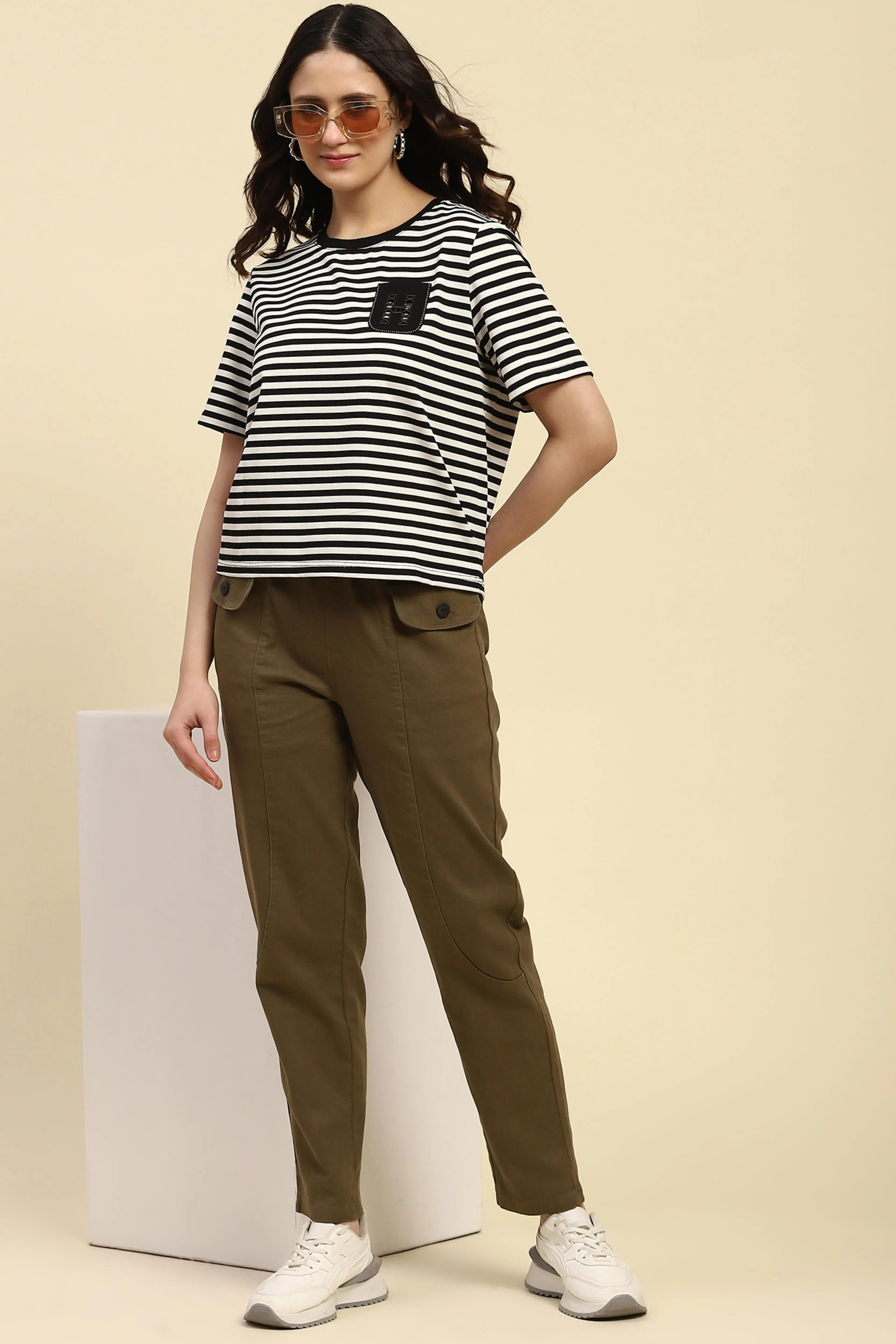 Black Striped Cotton Blend Boxy Fit Top - Global Republic