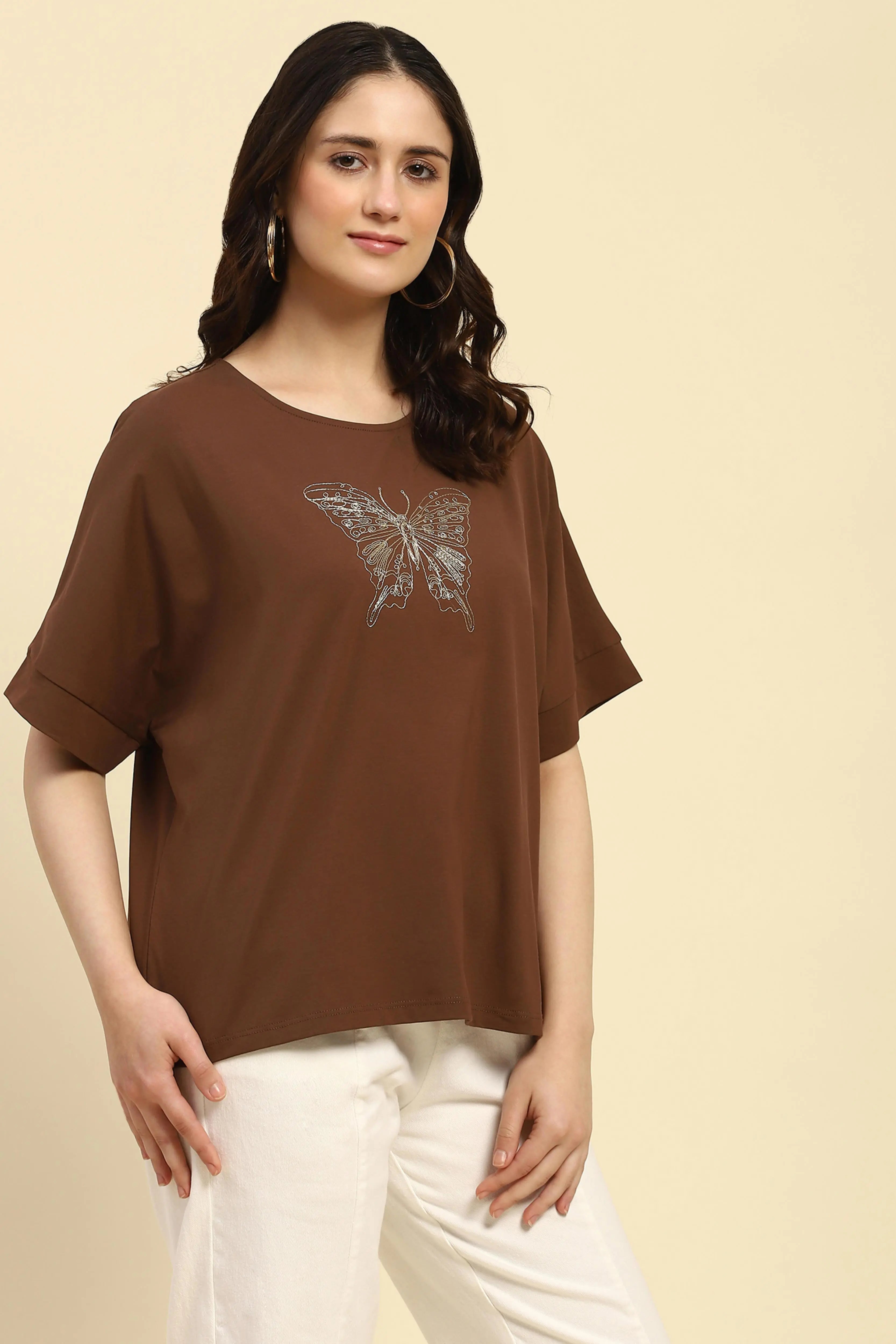 Brown Embroidered Cotton Boxy Top - Global Republic