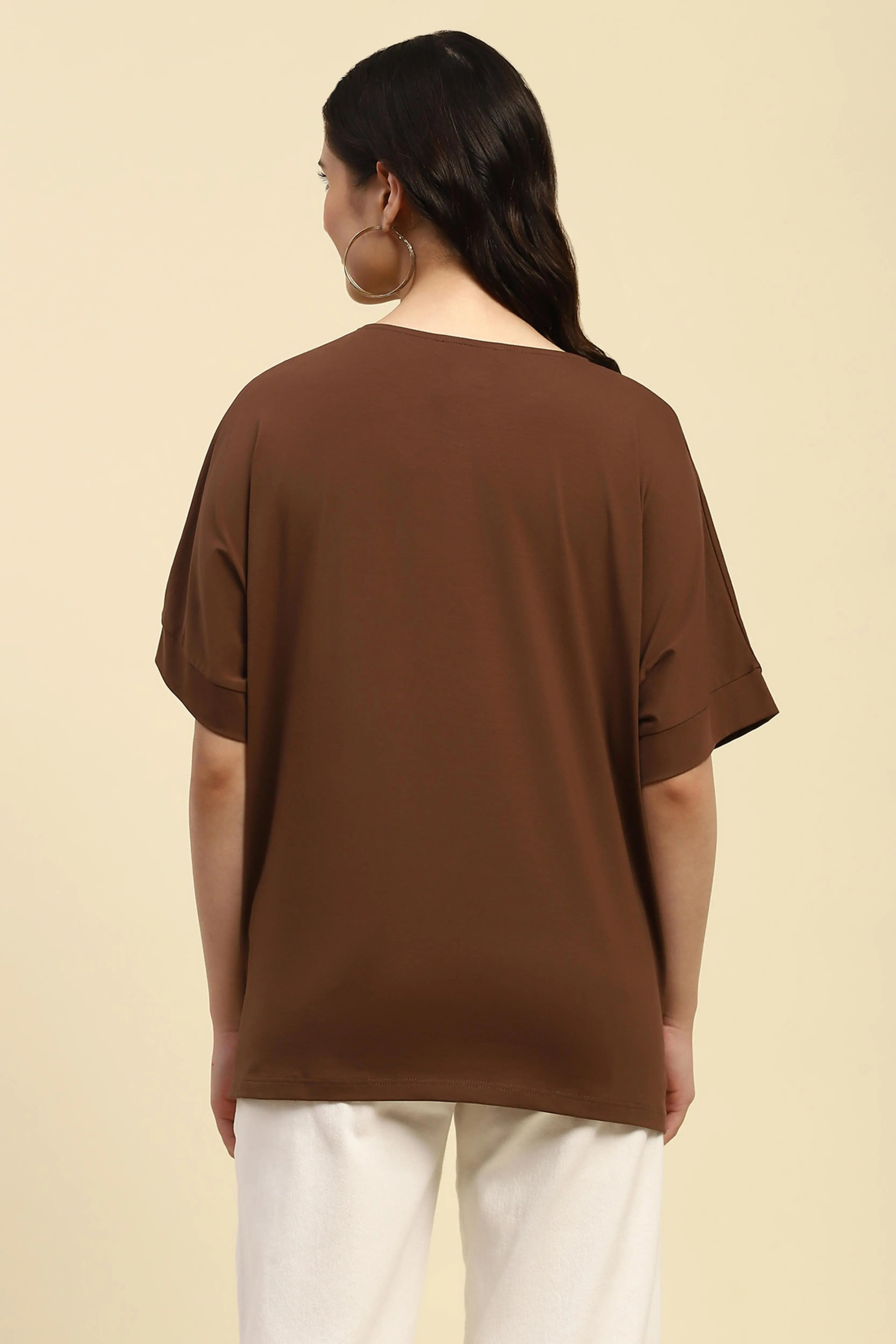 Brown Embroidered Cotton Boxy Top - Global Republic