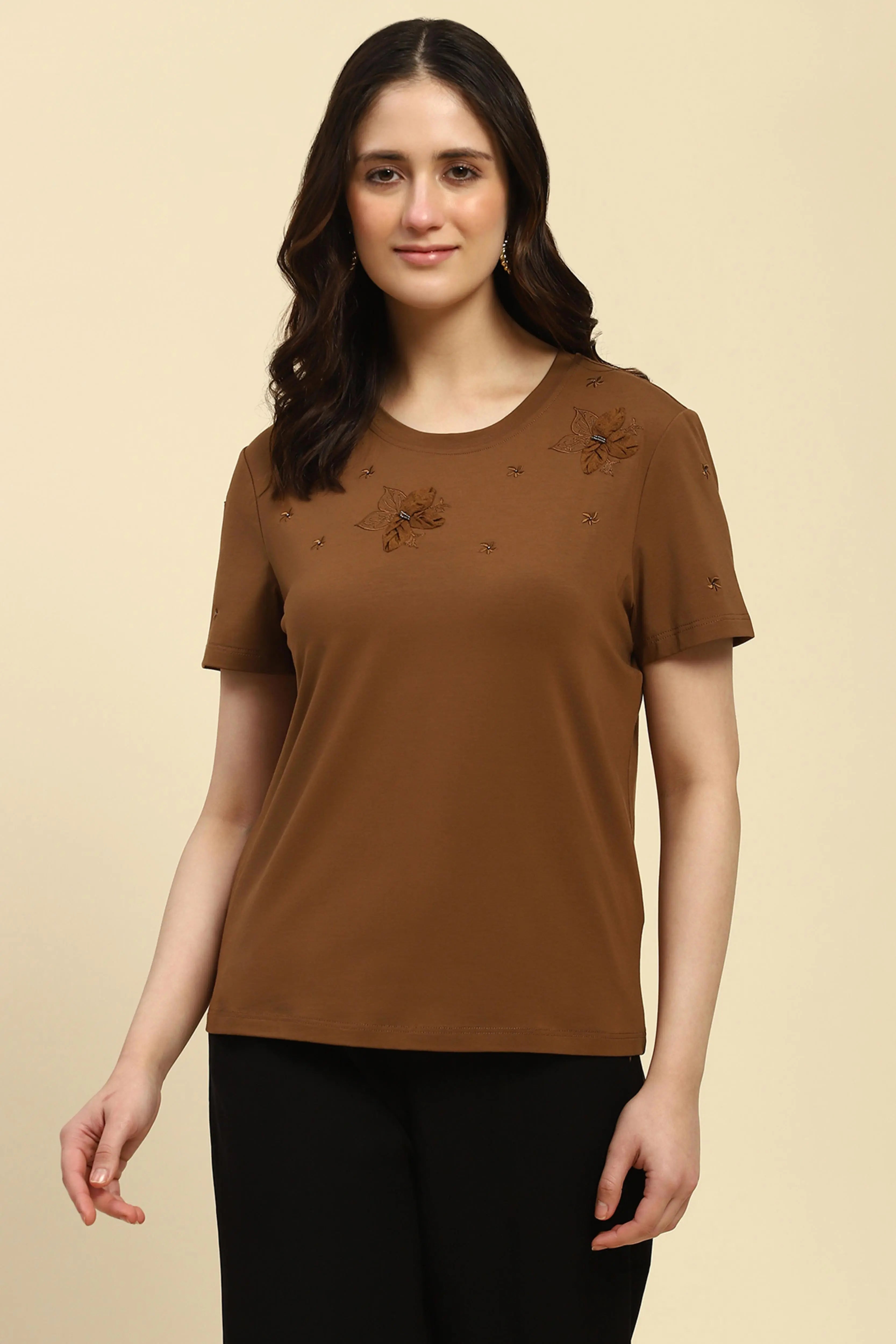 Brown Embroidered Modal Top - Global Republic