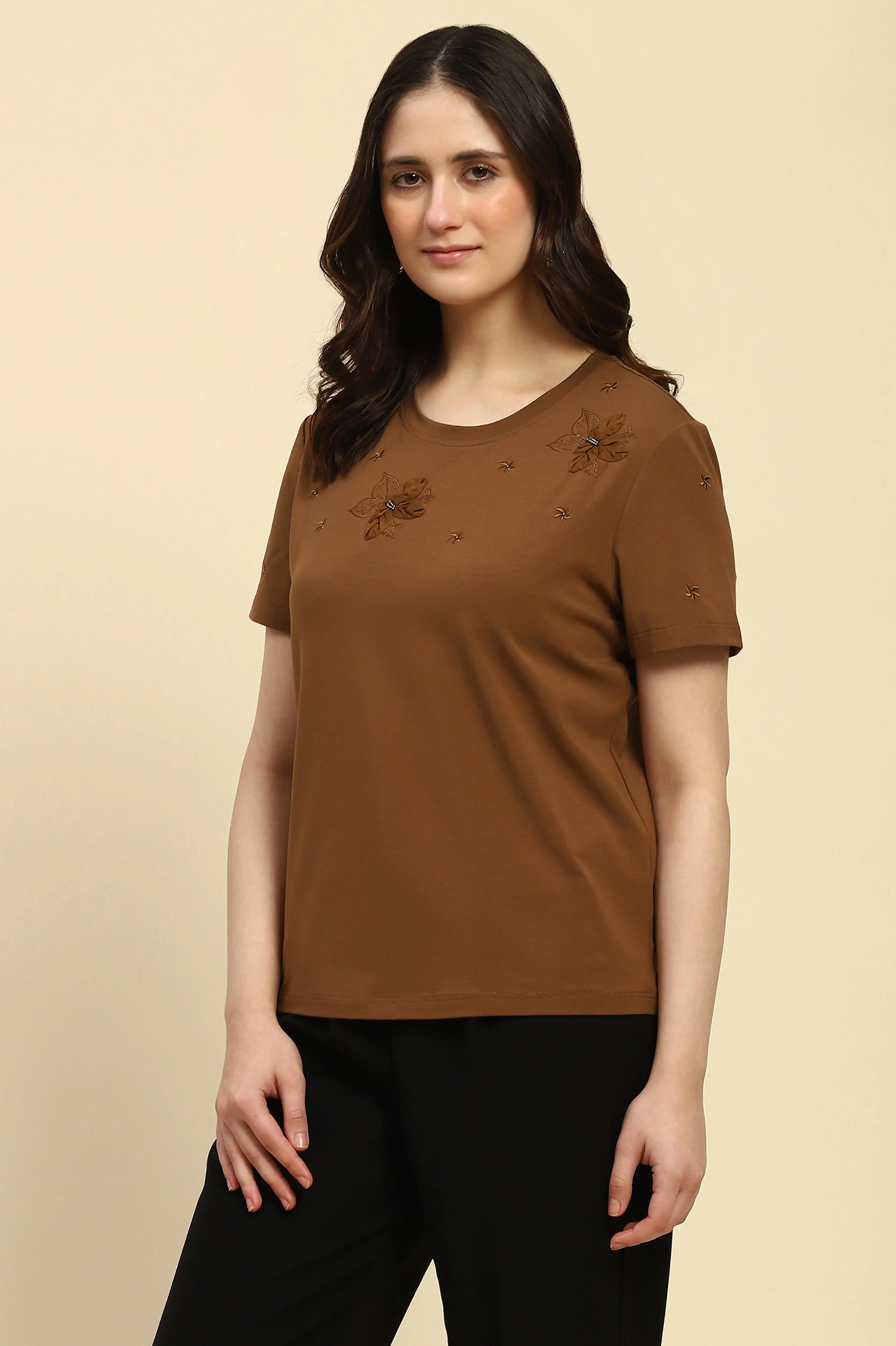 Brown Embroidered Modal Top - Global Republic