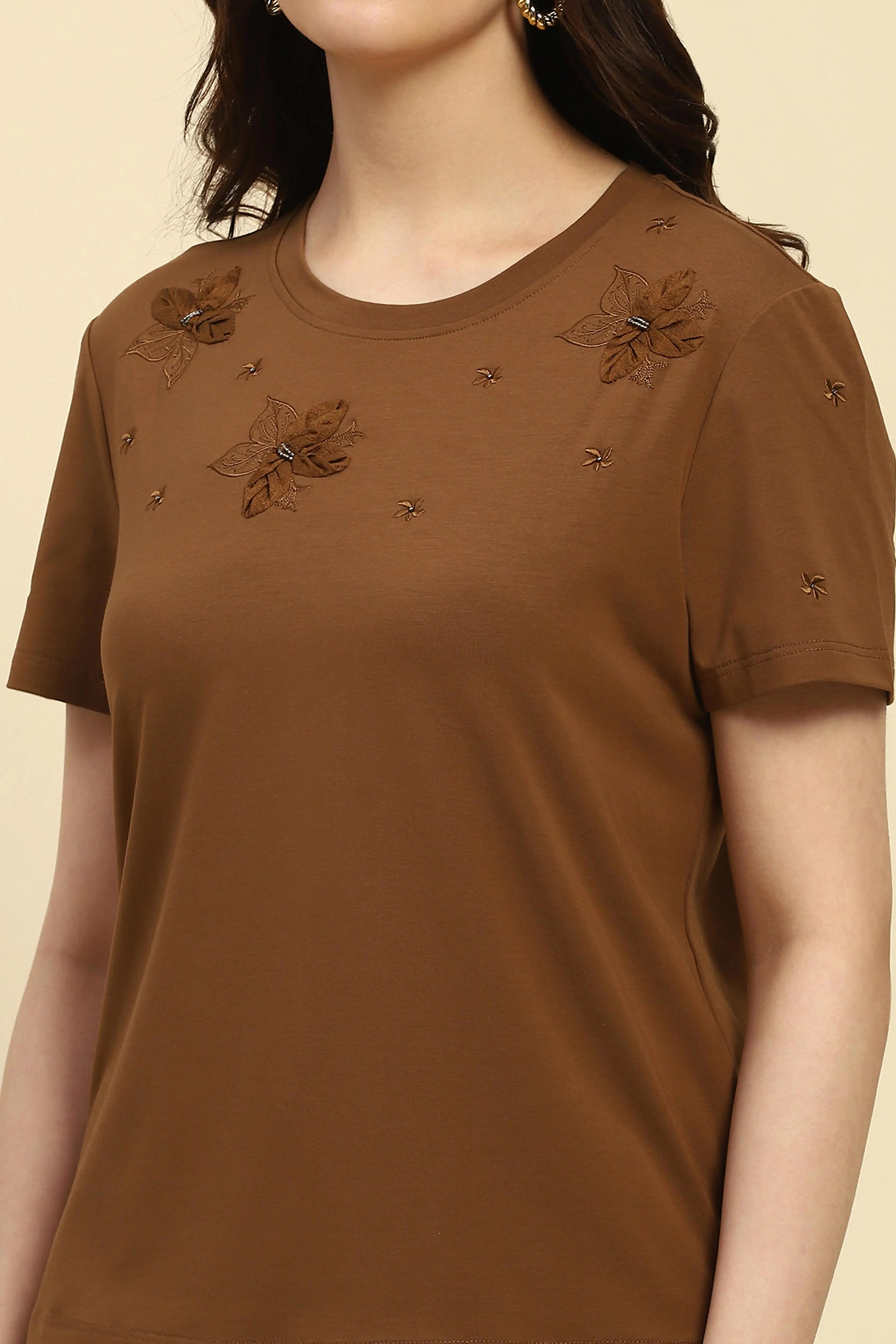Brown Embroidered Modal Top - Global Republic