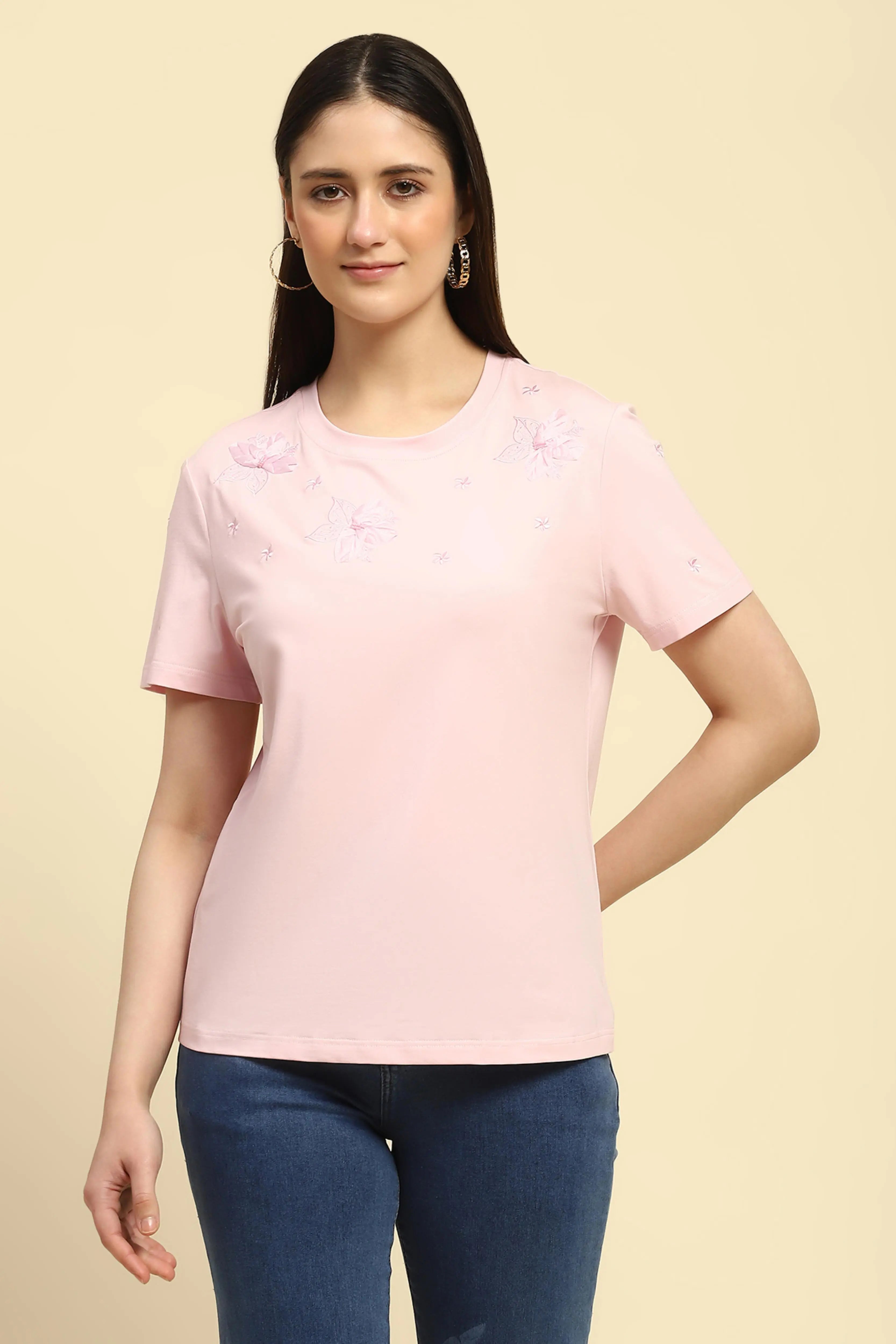 Embroidered Pink Modal Top - Global Republic