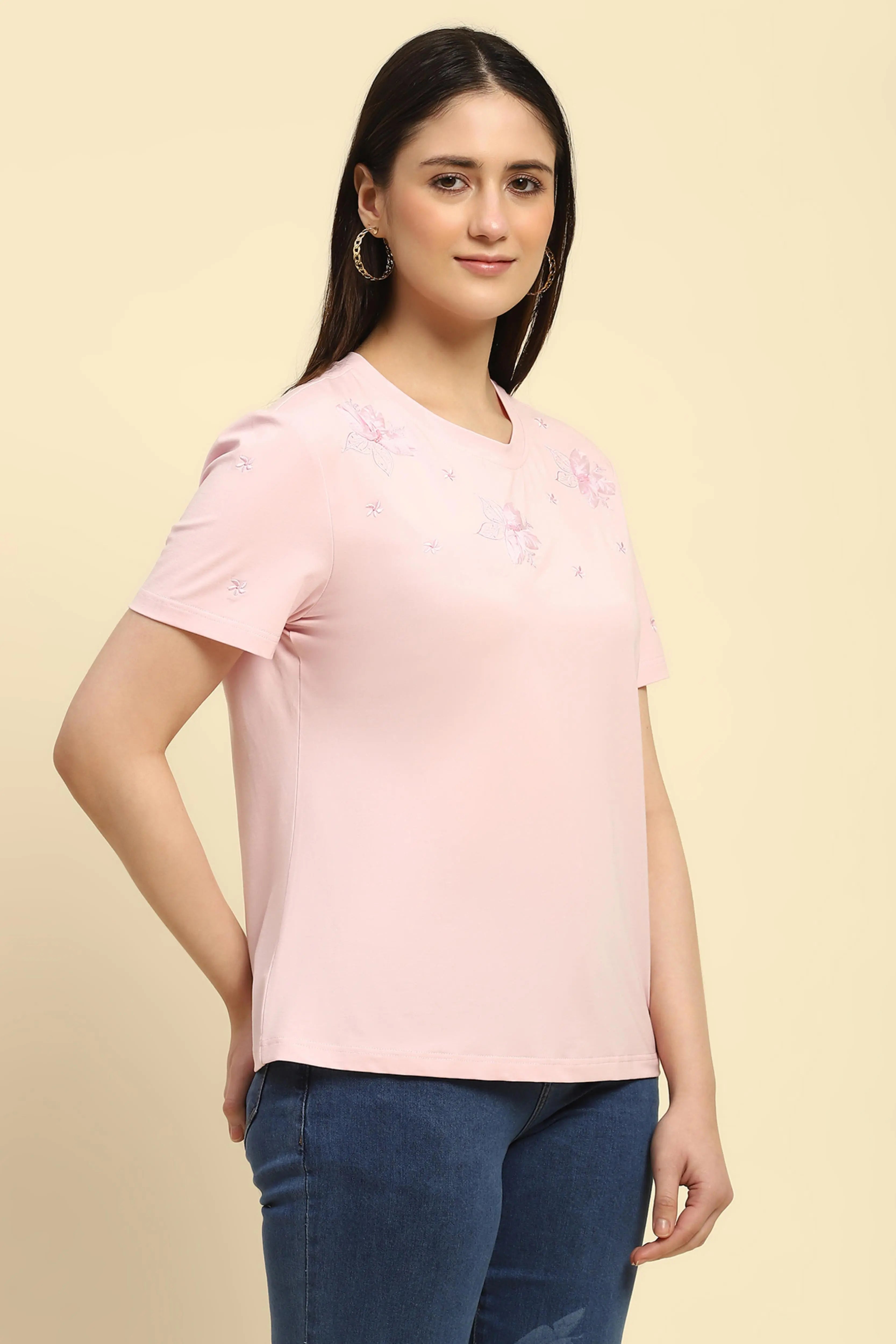 Embroidered Pink Modal Top - Global Republic