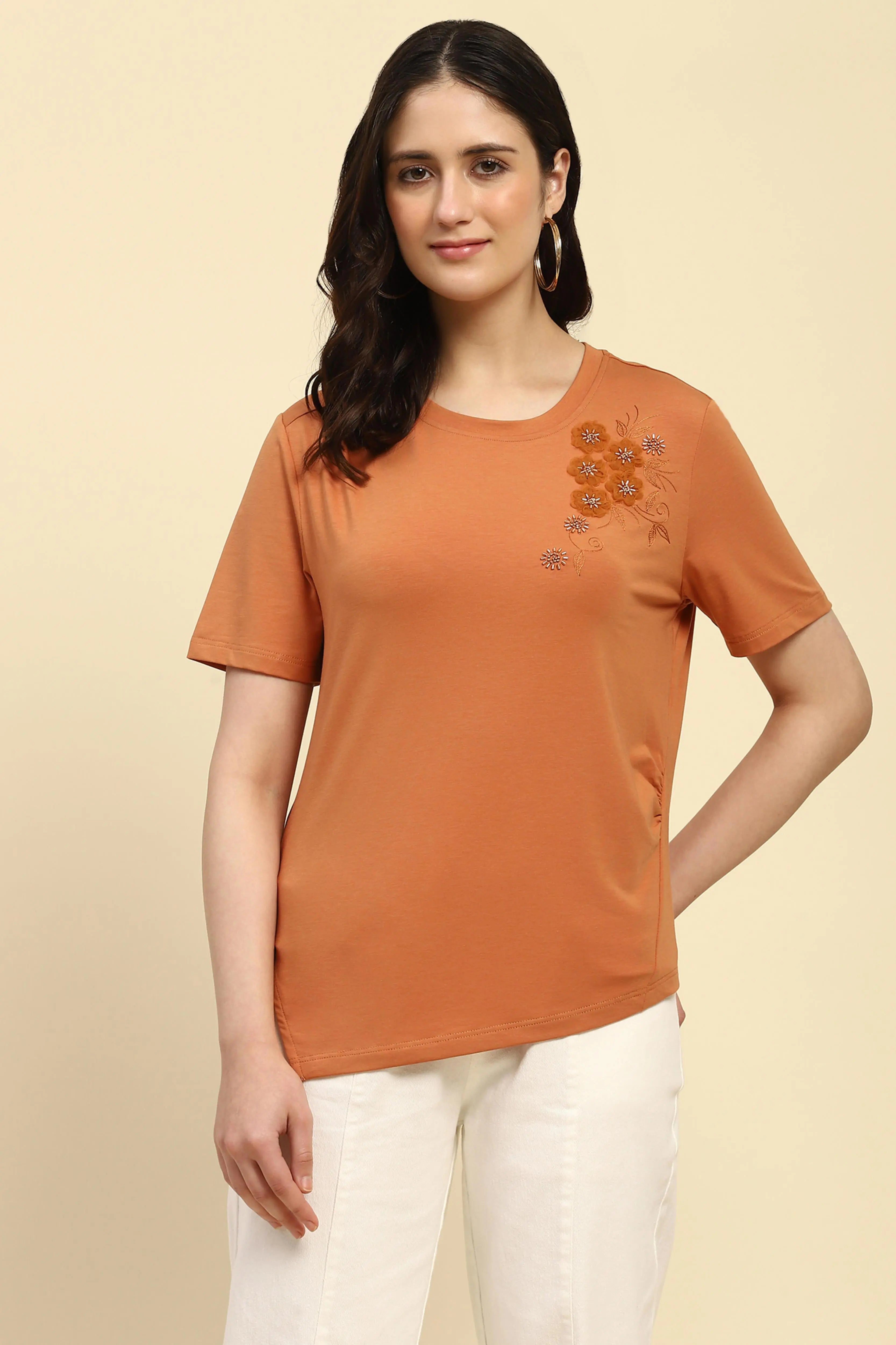 Rust Embroidered Modal Top - Global Republic