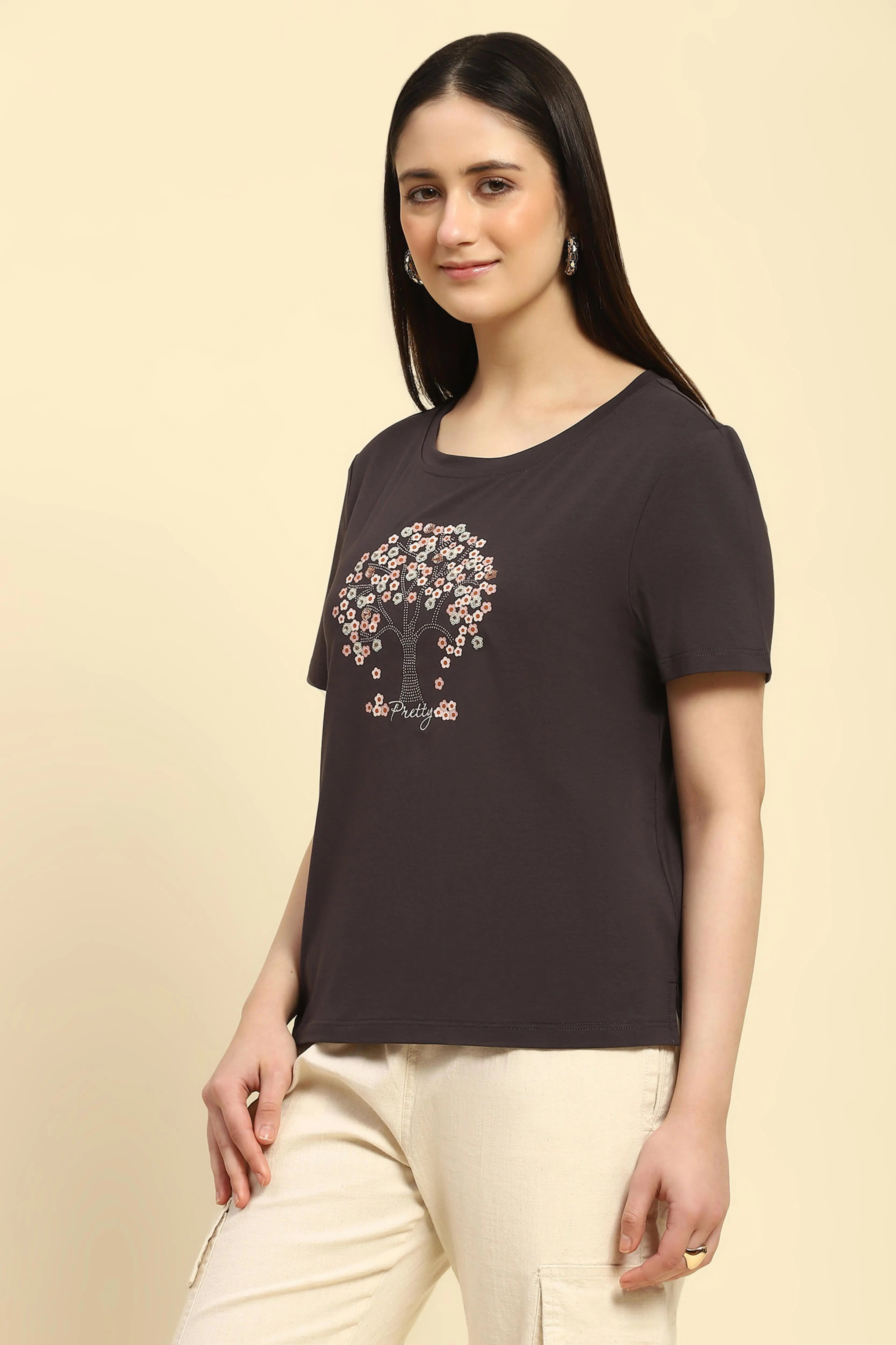 Grey Embellished Modal Blend Top - Global Republic