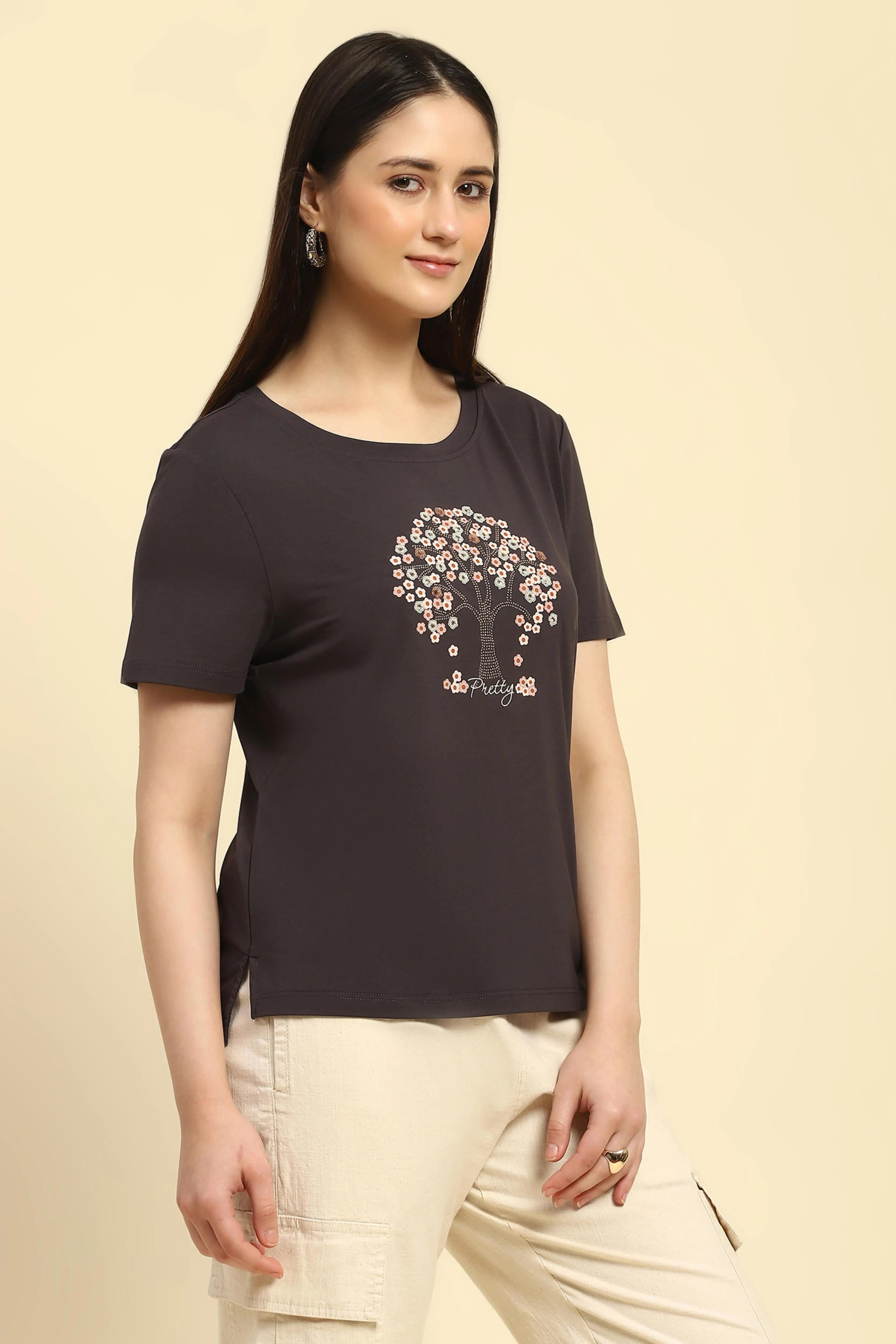 Grey Embellished Modal Blend Top - Global Republic