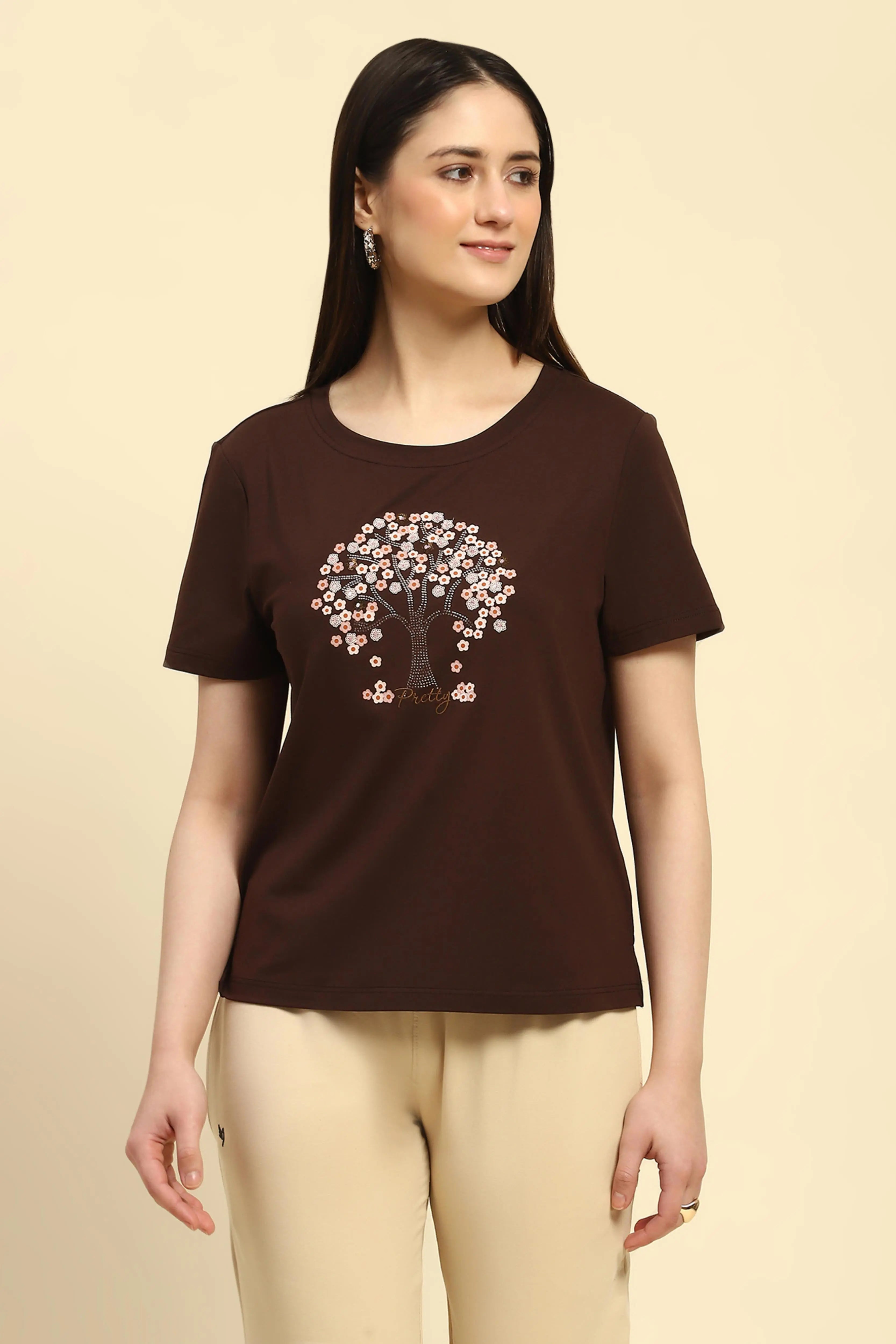 Brown Modal Embroidered Top - Global Republic