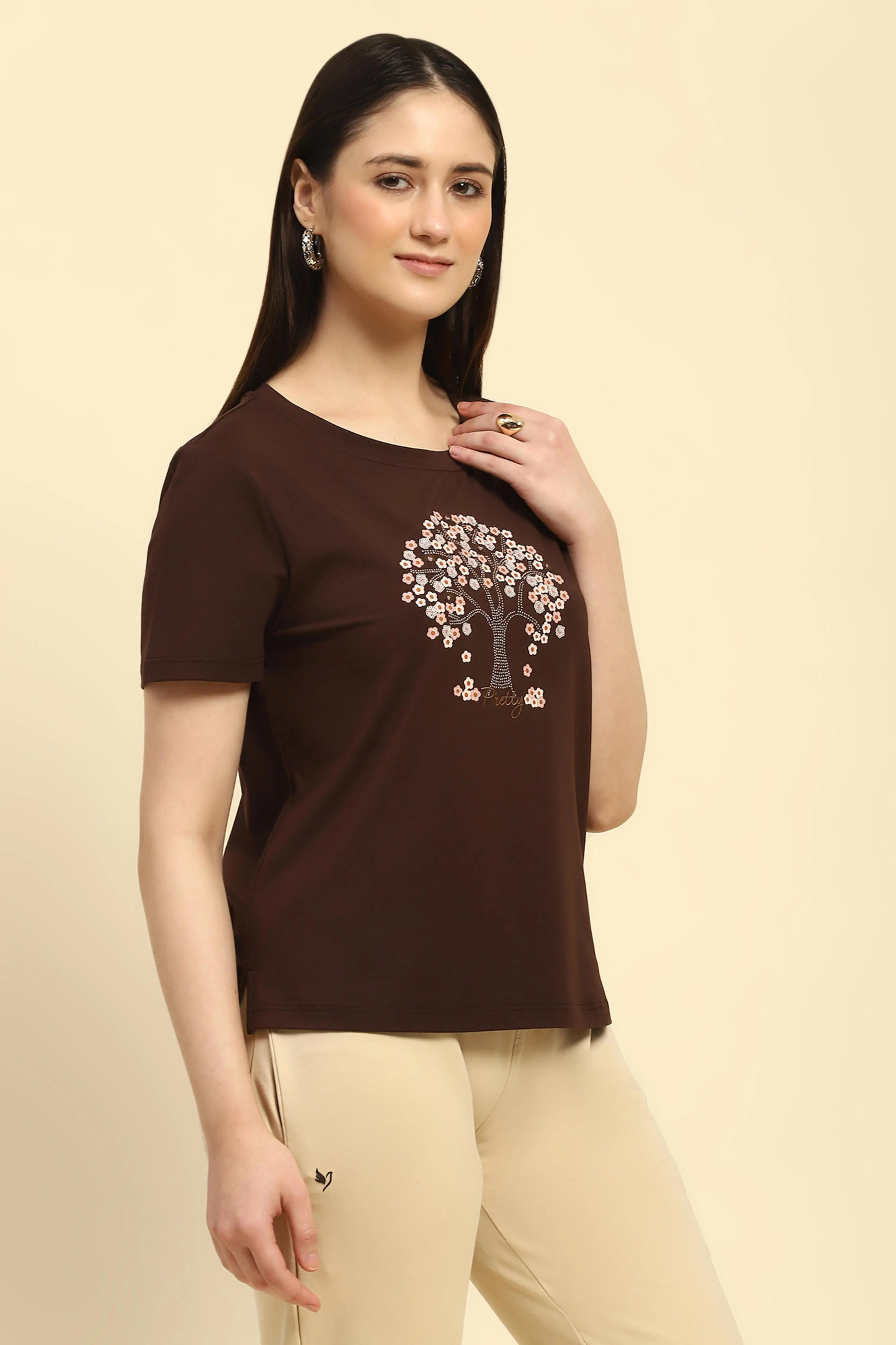 Brown Modal Embroidered Top - Global Republic