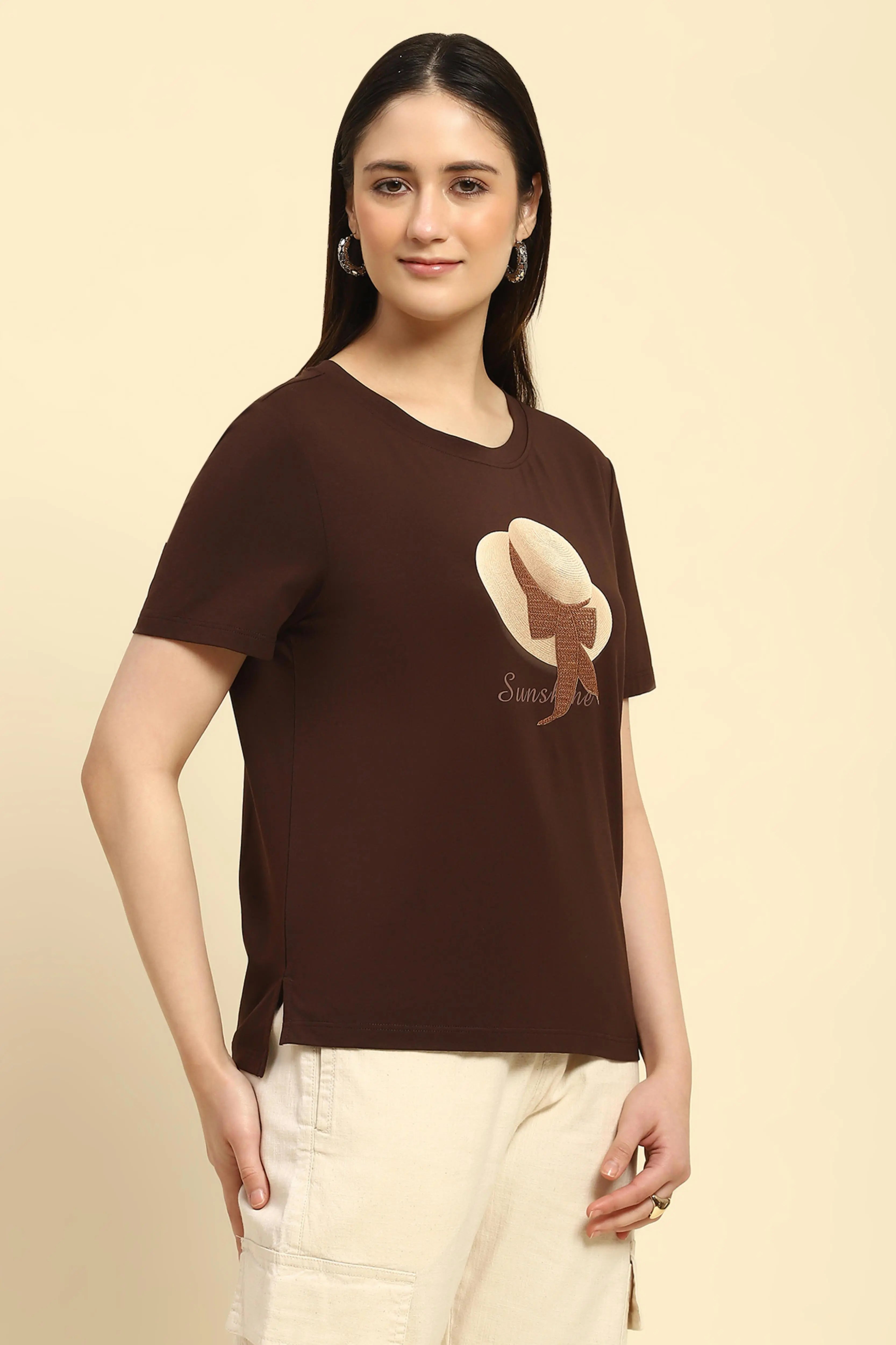 Brown Embroidered Modal Relaxed Fit Top - Global Republic
