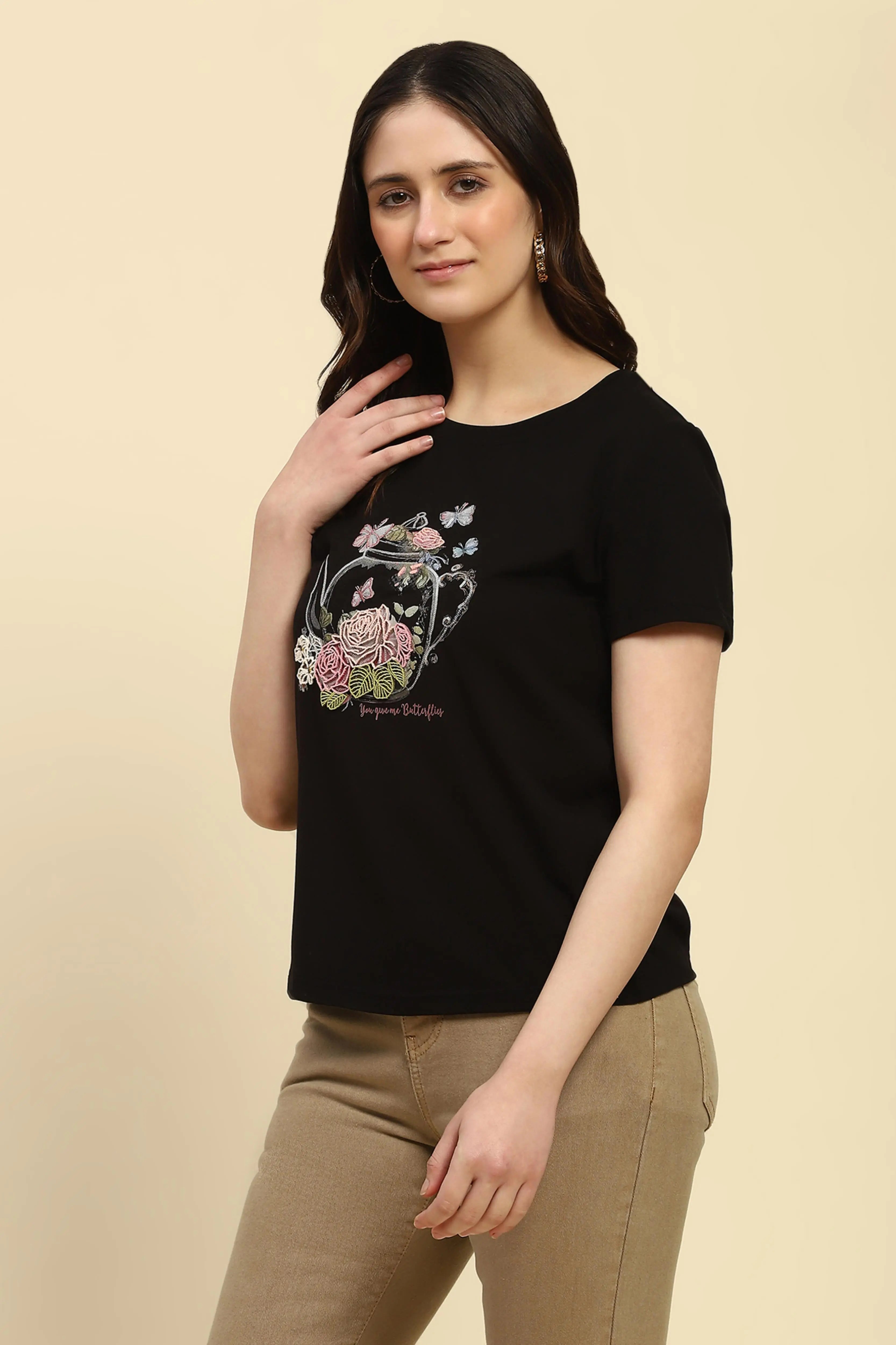 Black 3D Embroidered Modal Top - Global Republic