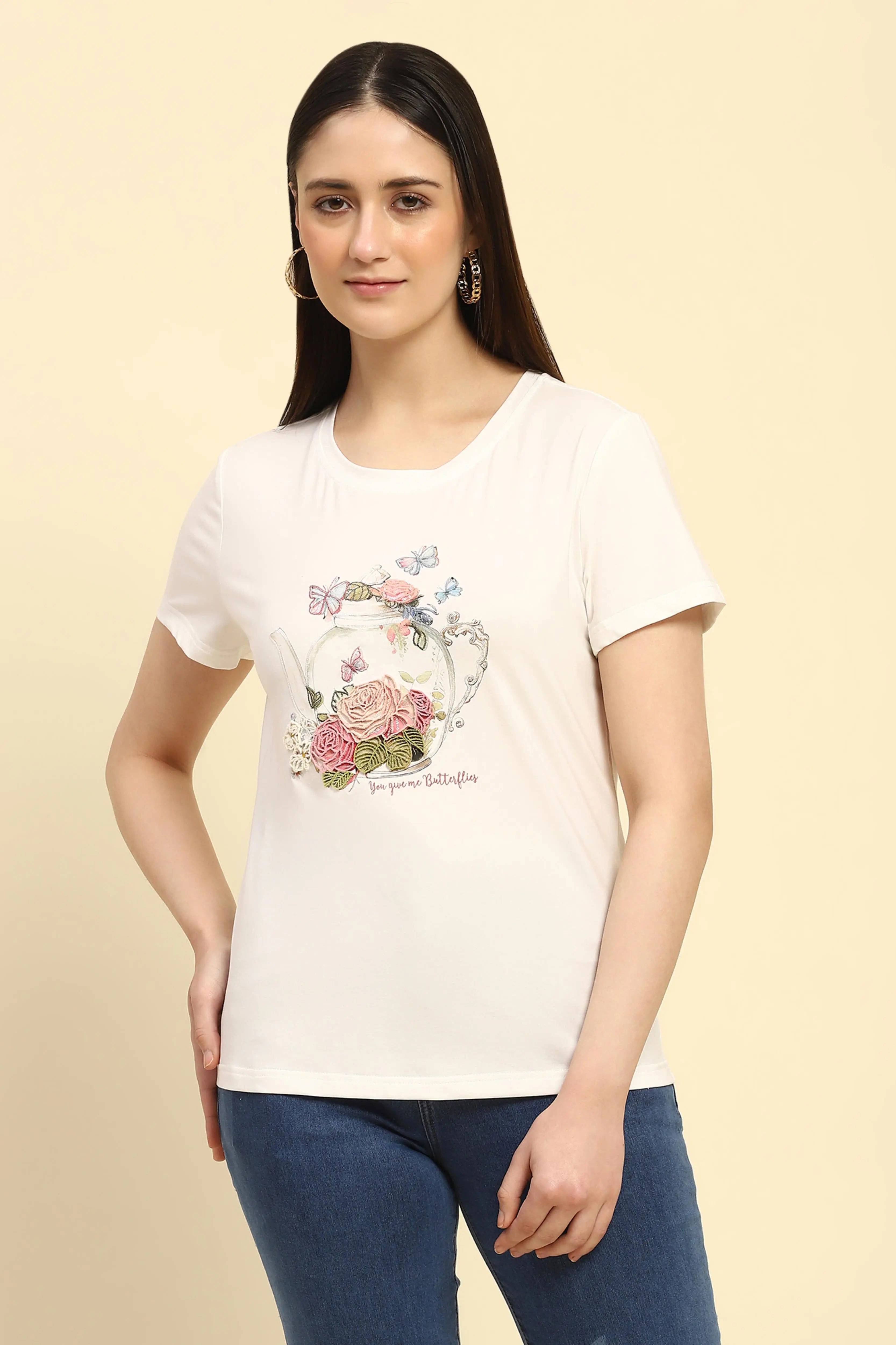White 3D Embroidered Modal Top - Global Republic