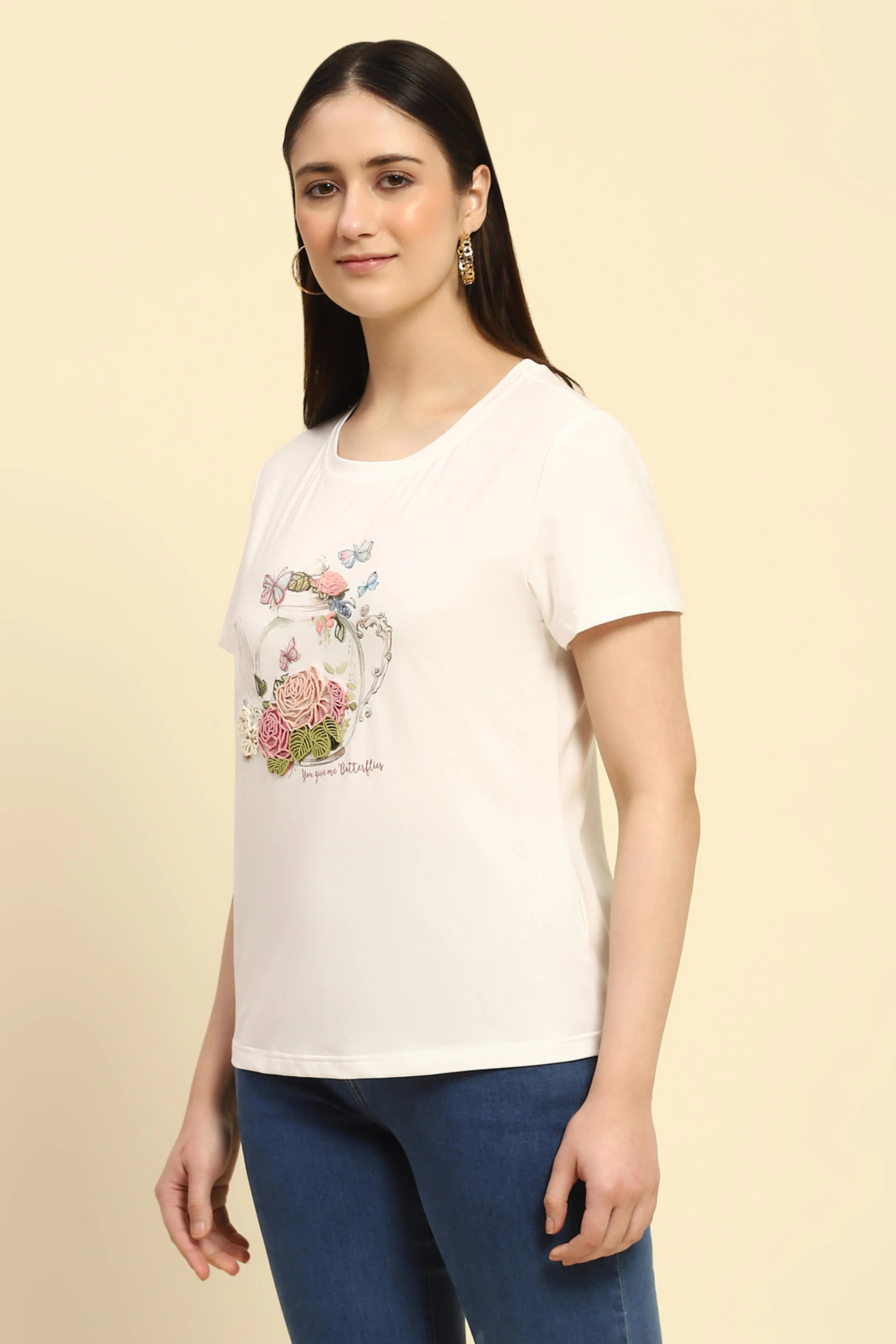 White 3D Embroidered Modal Top - Global Republic