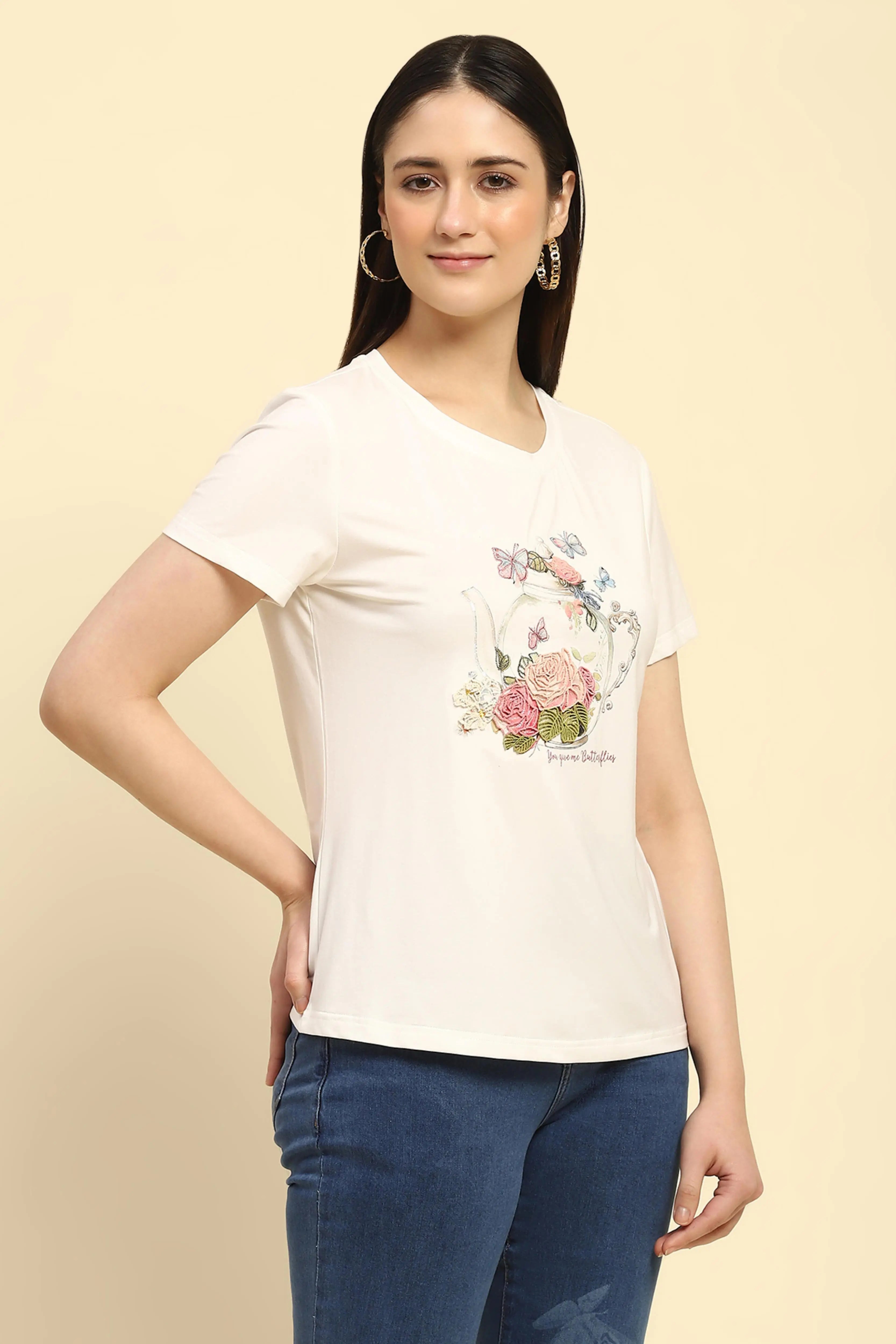 White 3D Embroidered Modal Top - Global Republic