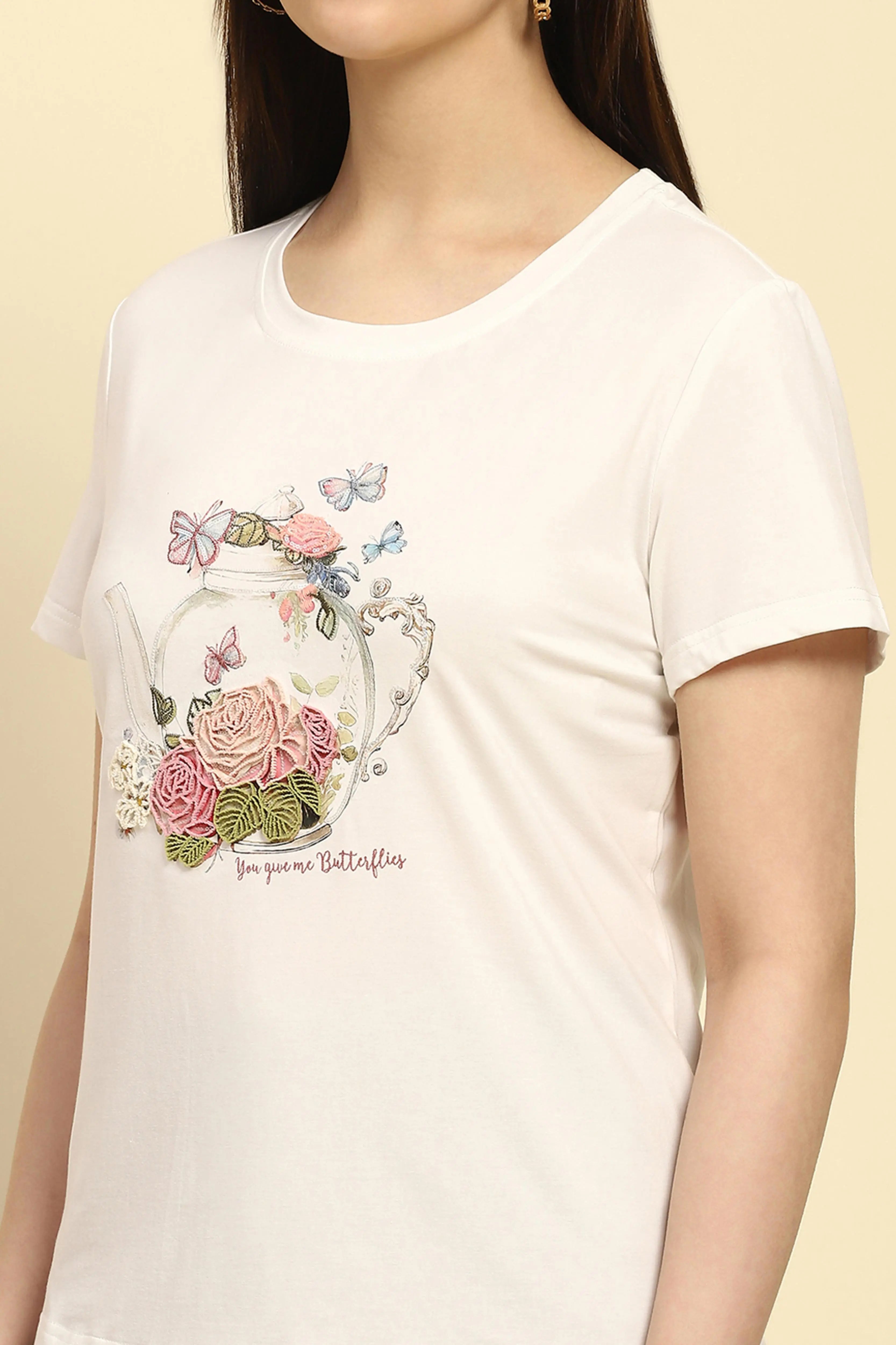 White 3D Embroidered Modal Top - Global Republic